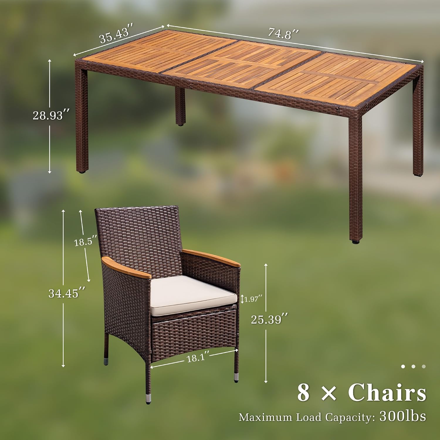 Devoko Outdoor Patio Dining Sets 9 Pieces Wicker Outdoor Dining Table and Chairs Set with Acacia Wood Table Top and Widened Armrests for Backyard, Garden, Deck (Brown)