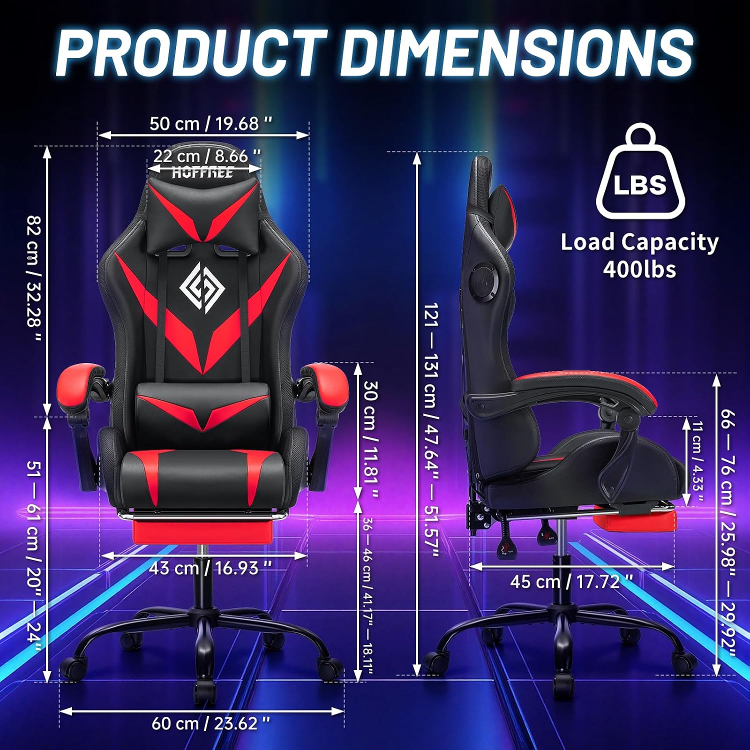HOFFREE RGB Gaming Chair with Speakers and Massage Ergonomic Computer Chair with Lights and Footrest Reclining Video Game Chairs for Adults Red and Black