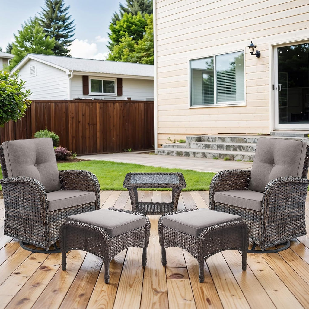 HUMMUH 5 Pieces Wicker Patio Furniture Set,Outdoor Swivel Gliders Rocker,Patio Ottomans,Glass Top Side Table,Outdoor Conversation Set for Porch Deck Backyard Poolside