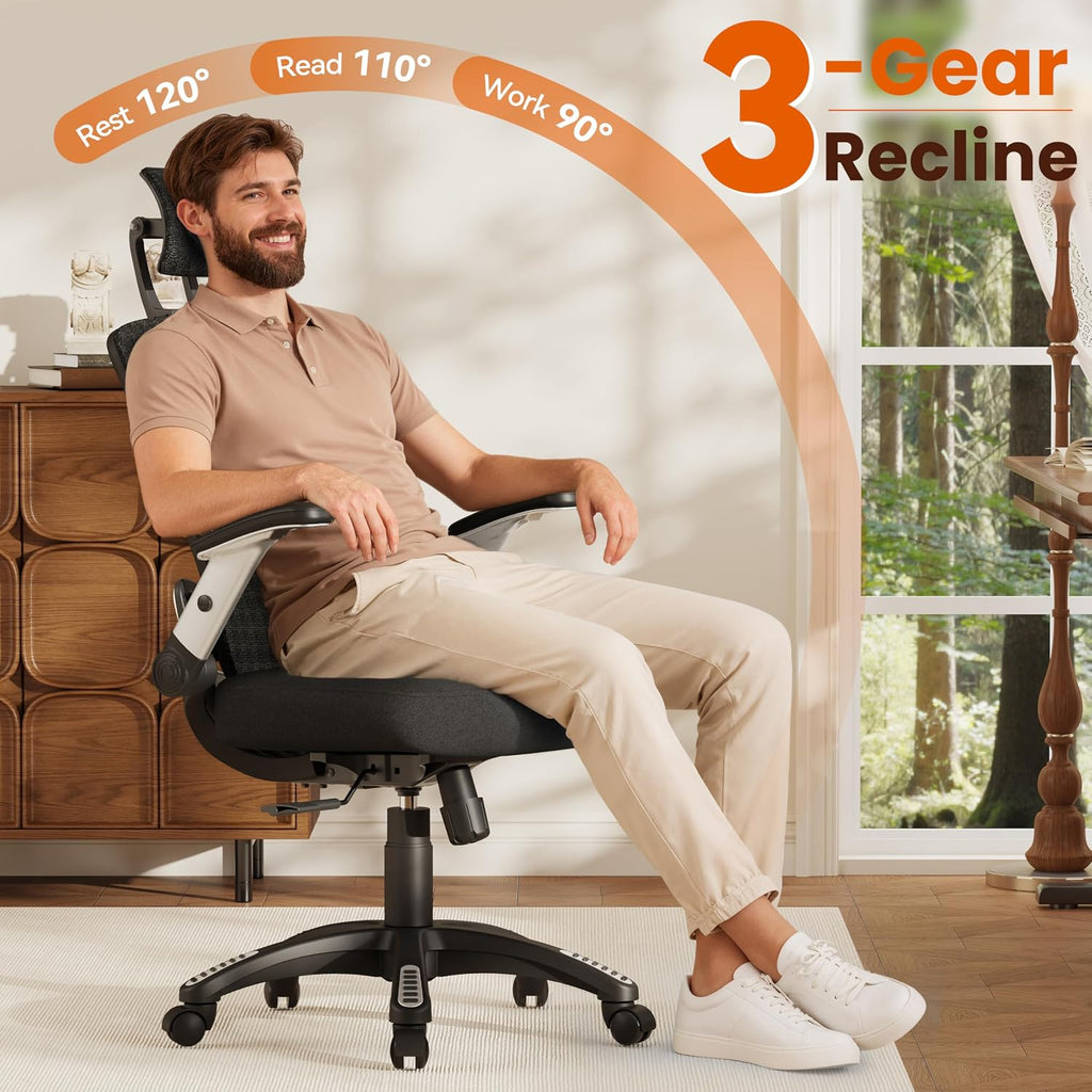 GABRYLLY Ergonomic Office Chair, High Back Home Desk Chair with Flip-Up Arms, 3D Headrest, Thick Sponge Seat &90-120° Recline, Big and Tall Mesh Executive Chairs for Man Woman, Midnight-Cloud