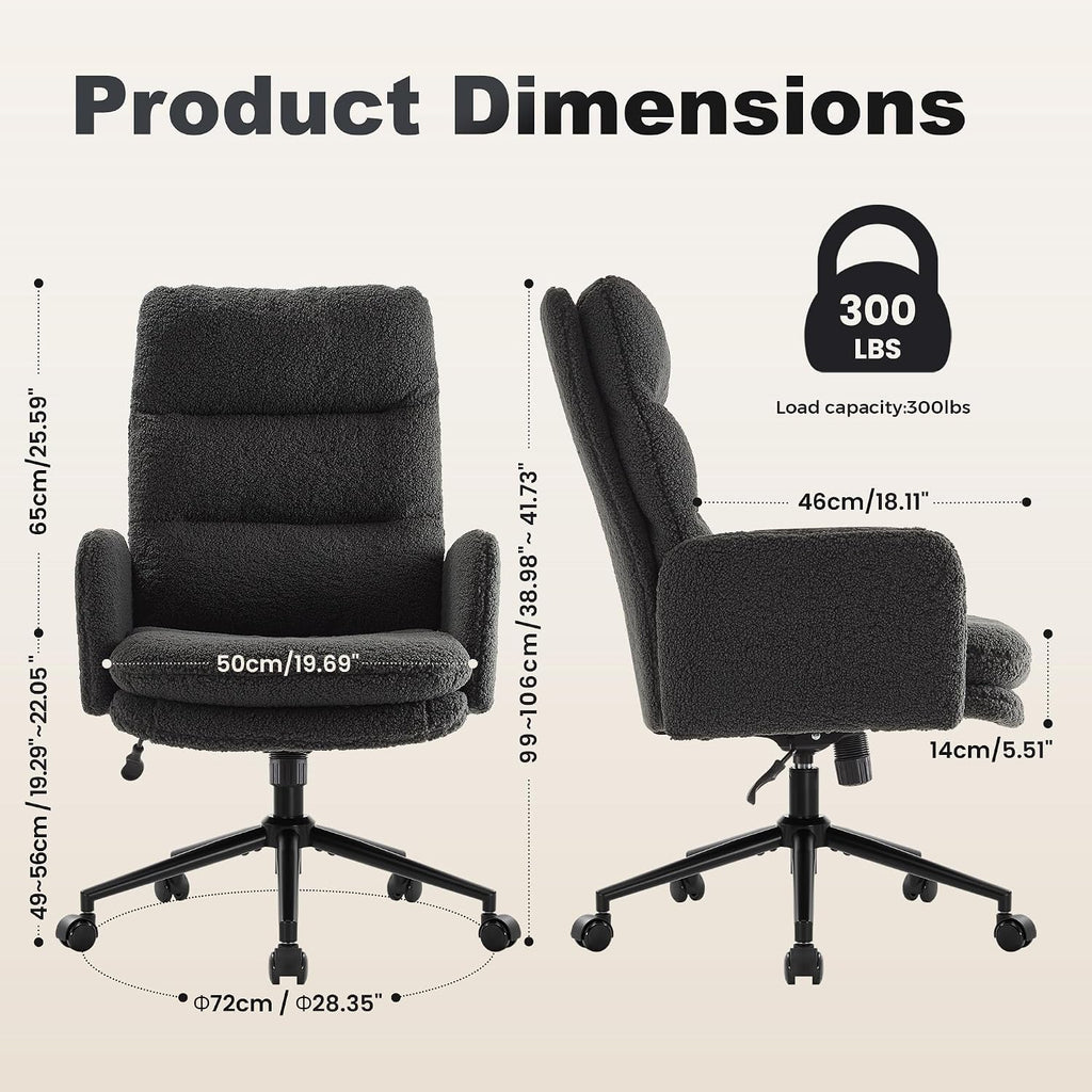 IWMH Swivel Office Desk Chair, High-Back Armchair with Wheels, Height Adjustable Home Office Chair with Armrests,Upholstered Computer Task Chair, Leisure Armchair Cashmere (Dark Grey)