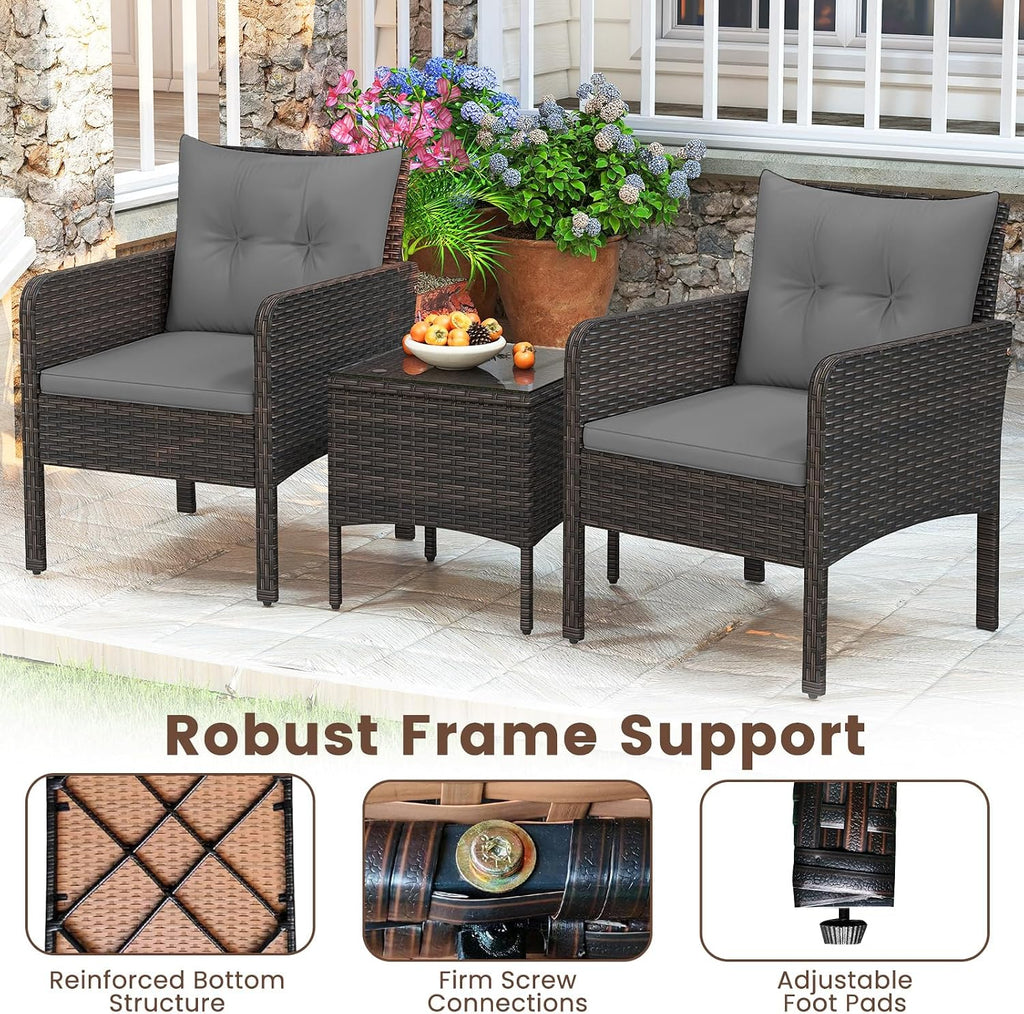 HAPPYGRILL 3 Piece Patio Bistro Set Rattan Wicker Outdoor Conversation Set with Cushions and Coffee Table, Outside Furniture with Rattan Chairs for Porch, Balcony, Deck and Garden (Gray)