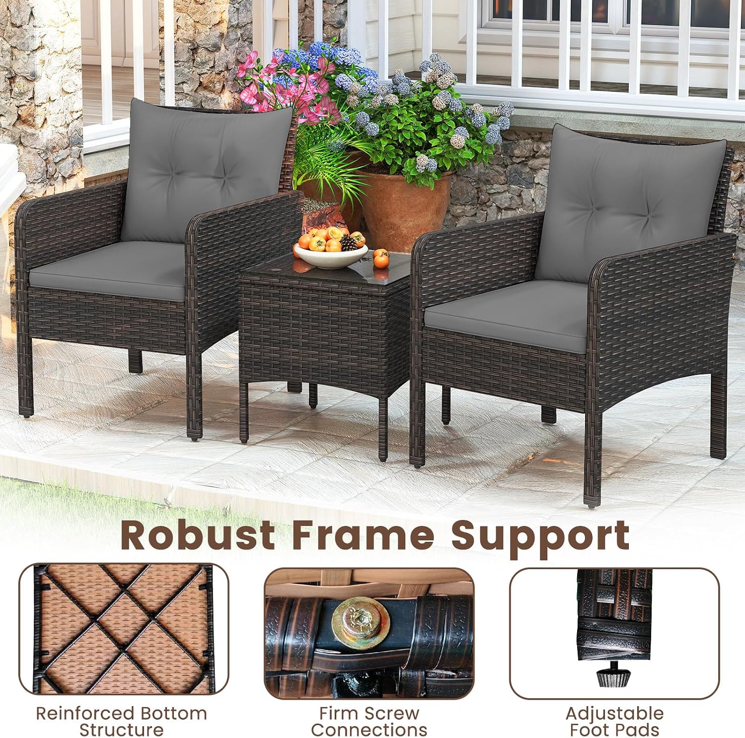 HAPPYGRILL 3 Piece Patio Bistro Set Rattan Wicker Outdoor Conversation Set with Cushions and Coffee Table, Outside Furniture with Rattan Chairs for Porch, Balcony, Deck and Garden (Gray)