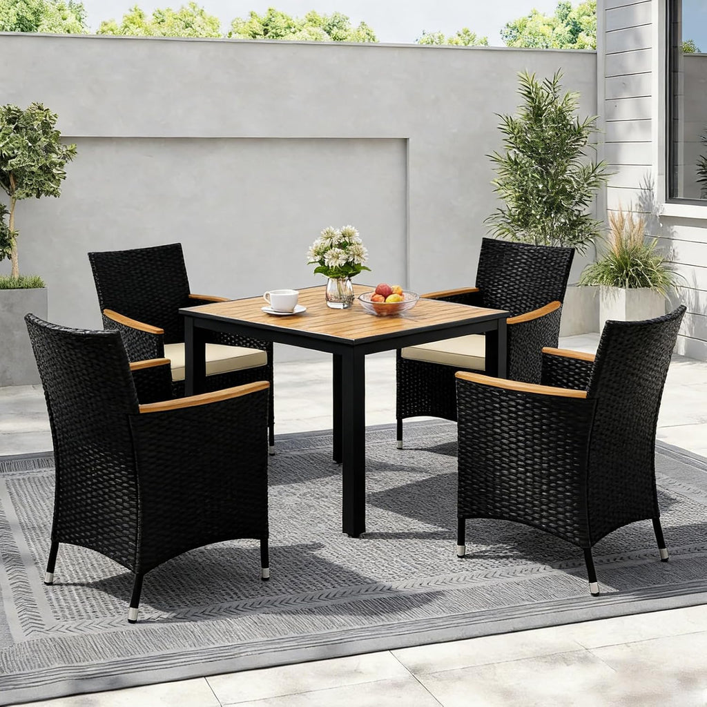 COSTWAY 5-Piece Patio Dining Set for 4, Outdoor Rattan Wicker Table and Chairs Furniture Set with Umbrella Hole, Acacia Wood Tabletop for Backyard, Balcony, Poolside, Black & Beige
