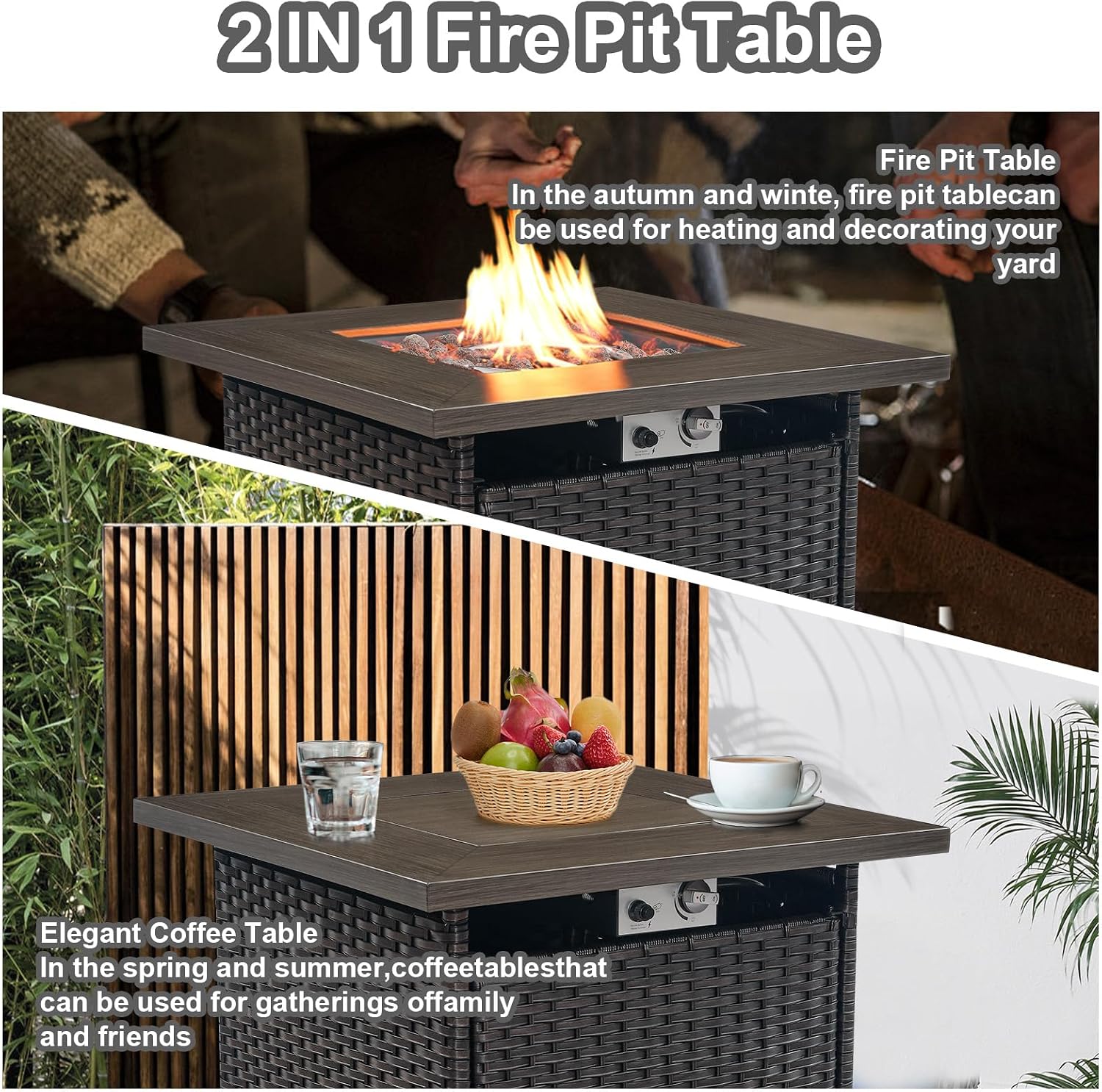 HUMMUH 5 Piece Patio Furniture Set,Wicker Swivel Rocker Patio Chairs Set of 4 with 30'' Fire Pit Table Outdoor Furniture Set for Porch,Garden,Backyard