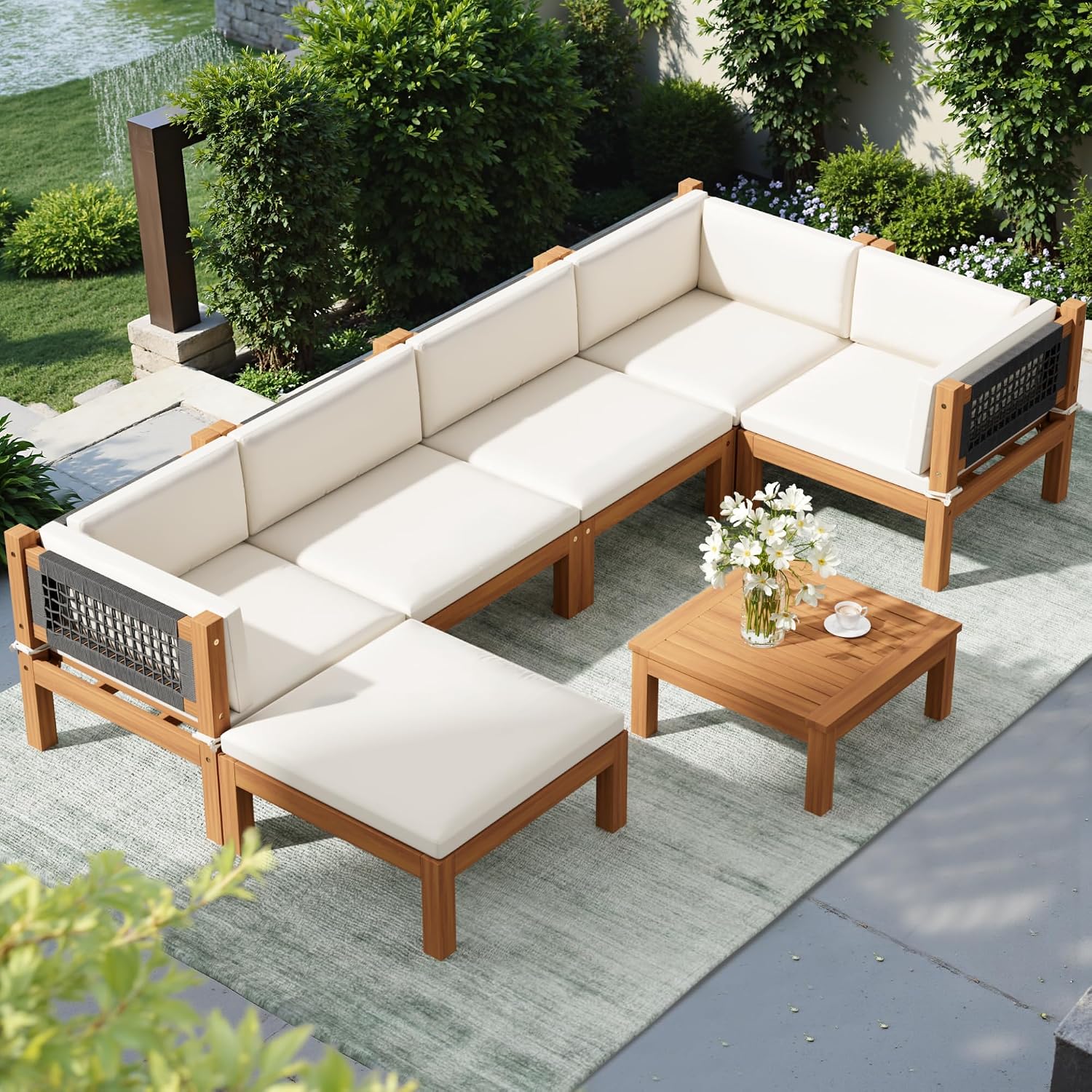 Devoko 7 Piece Acacia Wood Patio Sofa, Outdoor Sectional Coach and Love Seat with Coffee Table, Acacia Wood Patio Furniture Set for Balcony,Porch,Garden