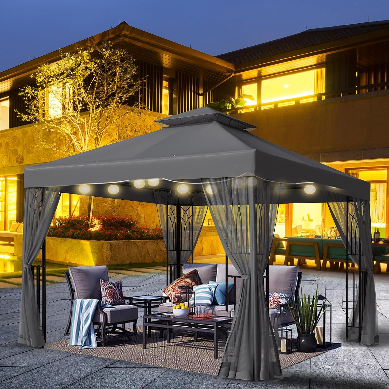 10x10 Outdoor Gazebo Tent with Netting and Corner Shelves, Double Roof Patio Gazebo with Soft Fabric Top, Outdoor Pavilion for Backyard Patio Garden Lawn, Gray