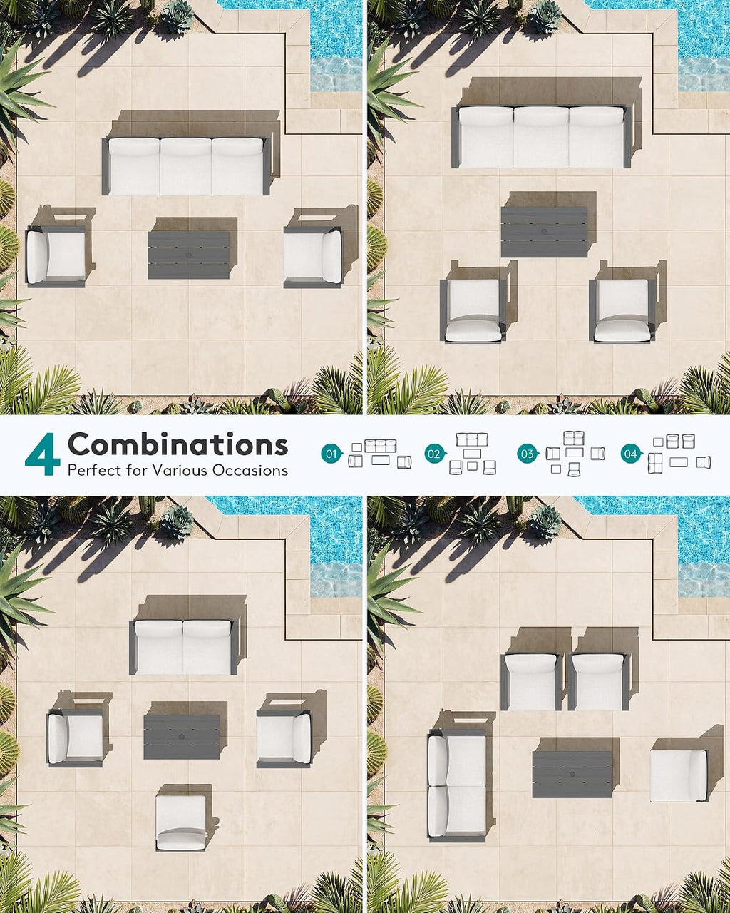 SERWALL HDPE Patio Conversation Set, 6-piece Sectional Outdoor Furniture Set, All Weather Outdoor Couch Set Patio Furniture Set for Deck, Lawn, Grey Frame with Khaki Cushion