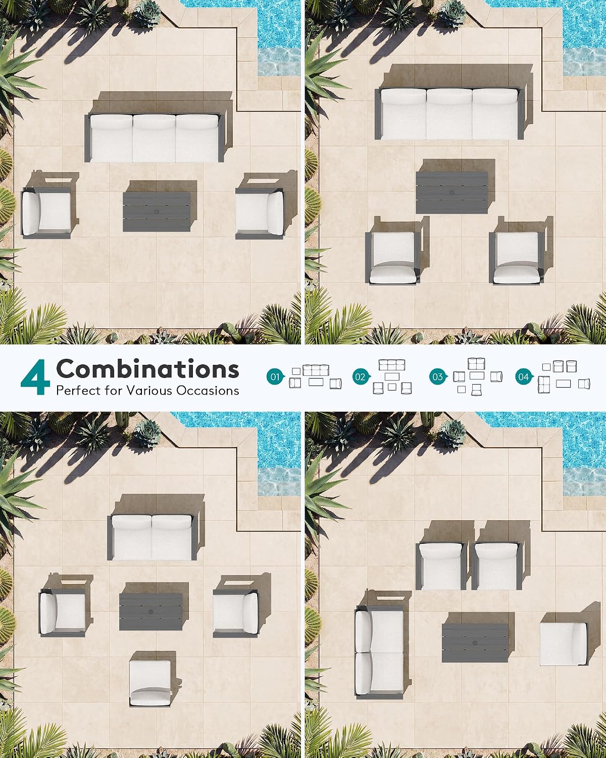 SERWALL HDPE Patio Conversation Set, 6-piece Sectional Outdoor Furniture Set, All Weather Outdoor Couch Set Patio Furniture Set for Deck, Lawn, Grey Frame with Khaki Cushion
