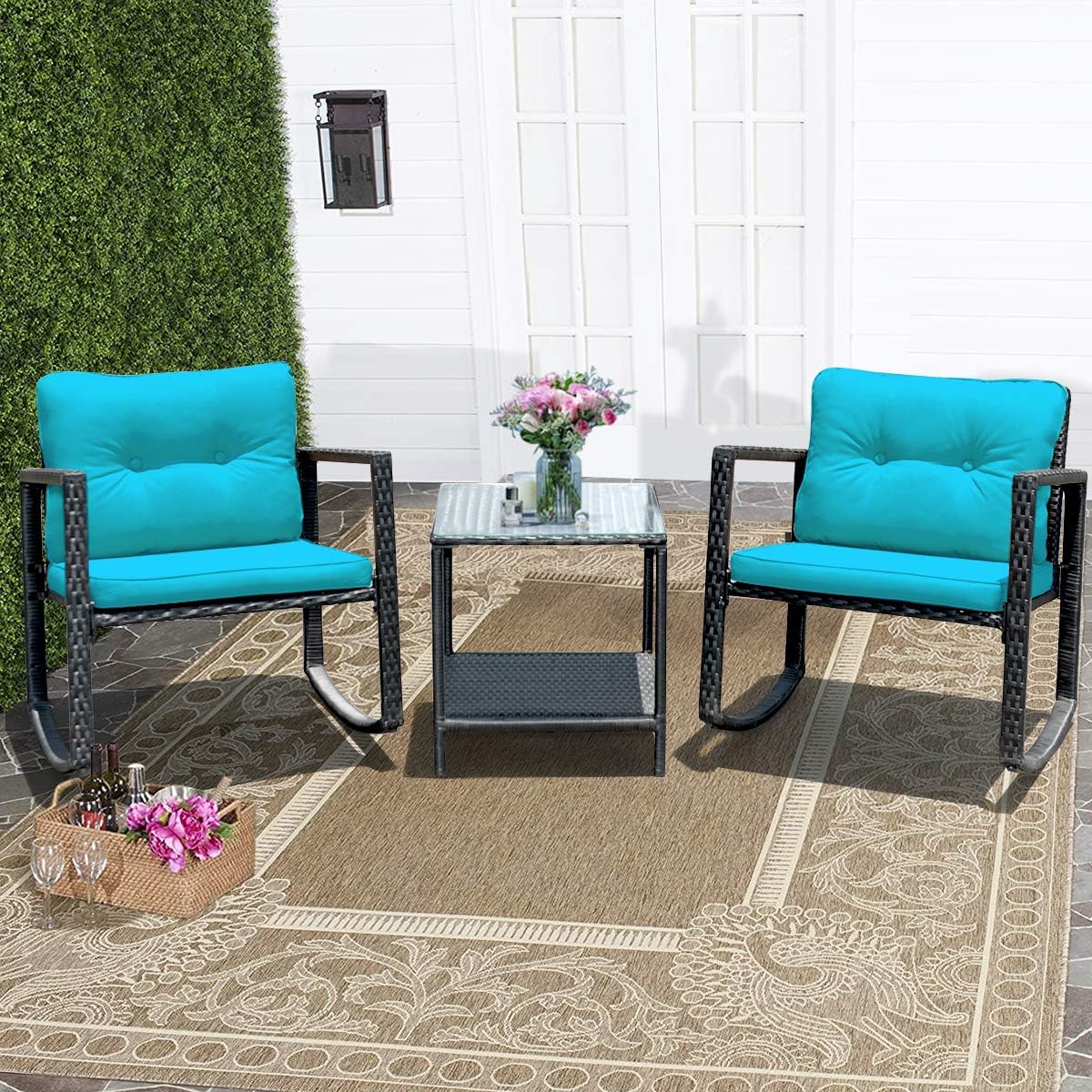 COSTWAY 3 Pieces Patio Rattan Rocking Chair Set, Outdoor Conversation Furniture Sets with Coffee Table, Storage Shelf and Cushions, Modern Bistro Set for Porch, Backyard, Garden, Turquoise