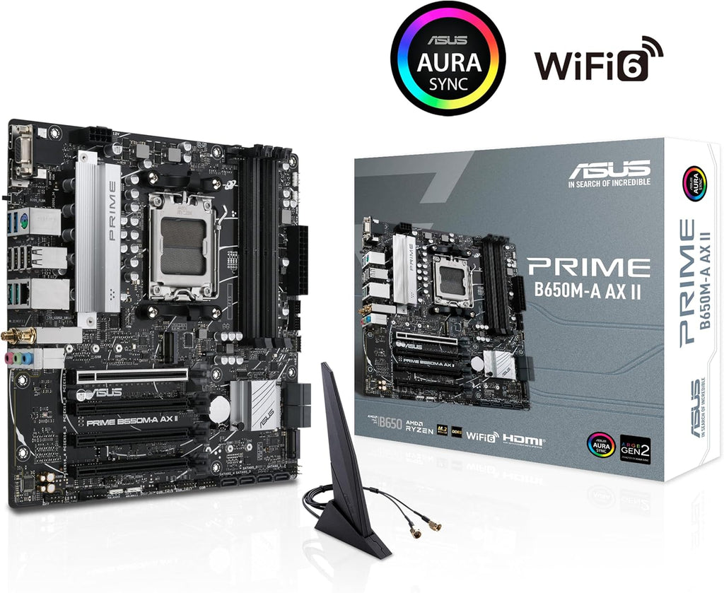 ASUS Prime B650M-A AX II AMD B650 AM5 Ryzen™ Desktop 9000 8000 & 7000 Micro-ATX mATX Motherboard, DDR5, PCIe 5.0 M.2, 2.5Gb LAN, Wi-Fi 6, DisplayPort, HDMI®, USB 3.2, USB 3.2 Type-C®, BIOS Flashback™