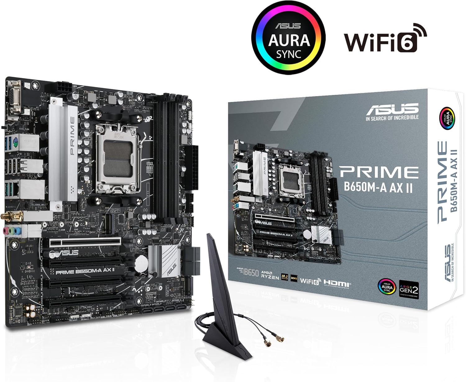 ASUS Prime B650M-A AX II AMD B650 AM5 Ryzen™ Desktop 9000 8000 & 7000 Micro-ATX mATX Motherboard, DDR5, PCIe 5.0 M.2, 2.5Gb LAN, Wi-Fi 6, DisplayPort, HDMI®, USB 3.2, USB 3.2 Type-C®, BIOS Flashback™