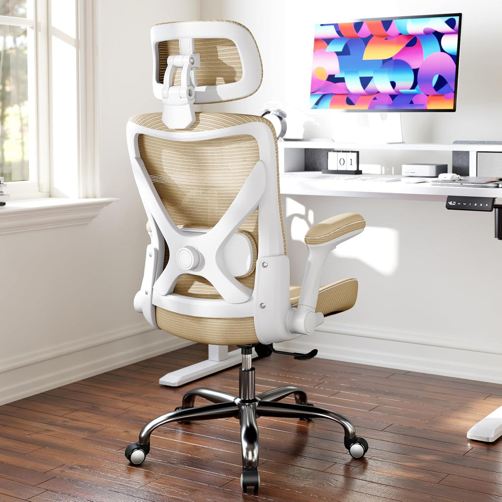 Ergalithic Office Home Ergonomic Desk Chair-Computer X-Shaped Chair Mesh PU Leather with Adjustable Lumbar Support-Executive Chair High Back with Headrest Flip-Up Arms for Long Hours (Khaki)