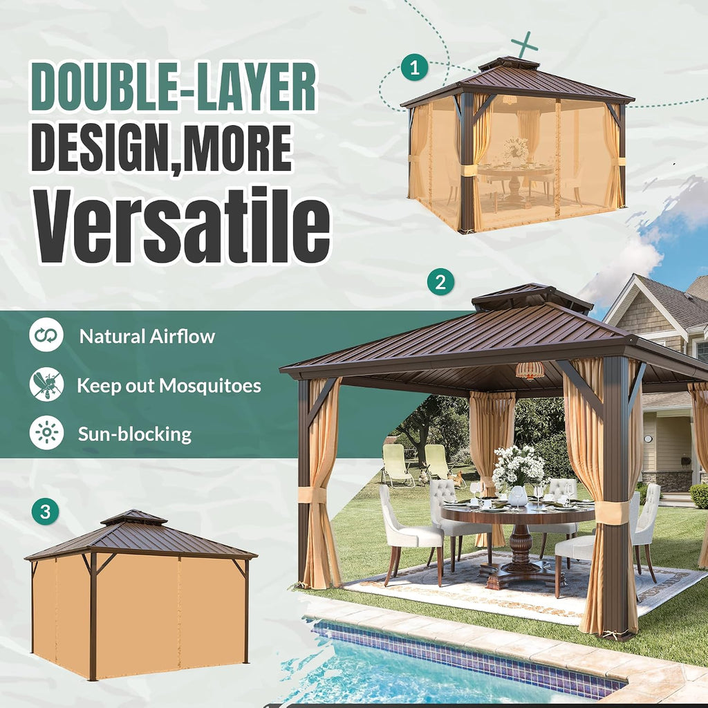 MELLCOM 10' x 10' Gazebo, Hardtop Double Roof Gazebo with Aluminum Frame, Galvanized Steel Outdoor Pavilion with Curtain and Netting for Patio, Garden, Lawn, Brown