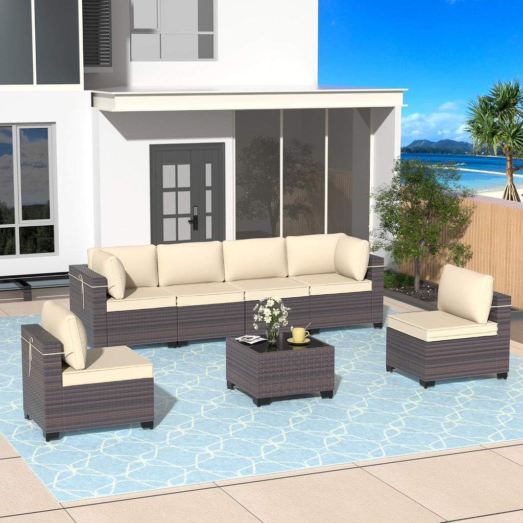 Patio Furniture Set 7 Pieces Outdoor Sectional Sofa Set,All Weather Wicker Patio Sofa PE Rattan Patio Conversation Set w/Cushions and Glass Coffee Table,Sand