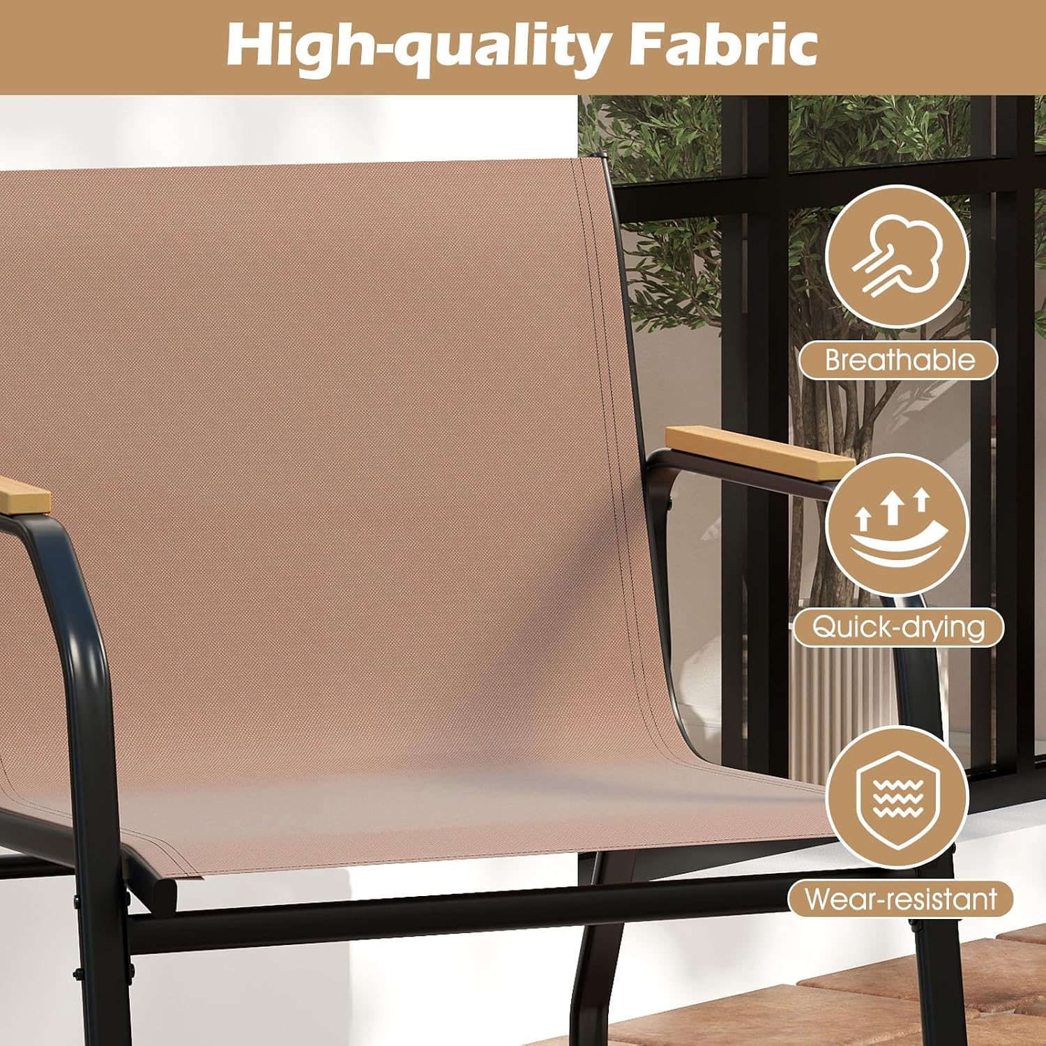 Tangkula 4 Pieces Patio Furniture Set with 2 Rocking Bistro Chairs, Outdoor Conversation Set with 2-Tier Coffee Table and Breathable Fabric Chairs for Porch, Garden, Lawn and Backyard (Brown)