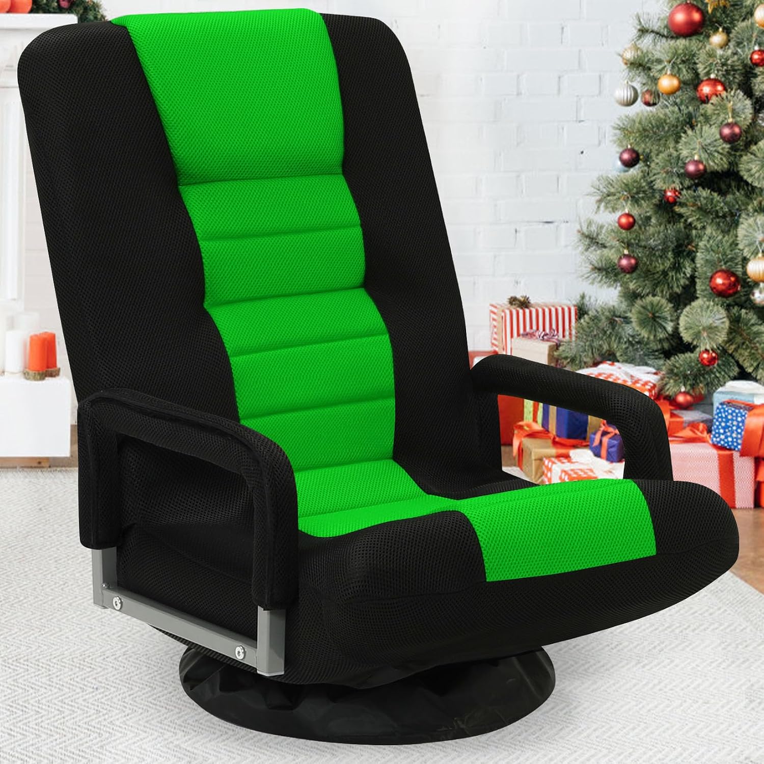 Swivel Floor Gaming Chair w/Armrests,Folding Video Reclining Sofa w/6 Adjustable Position, Padded Backrest & Cushion, Lazy Lounger Couch for E-Sports, Reading, Relaxing, Watching TV, Green