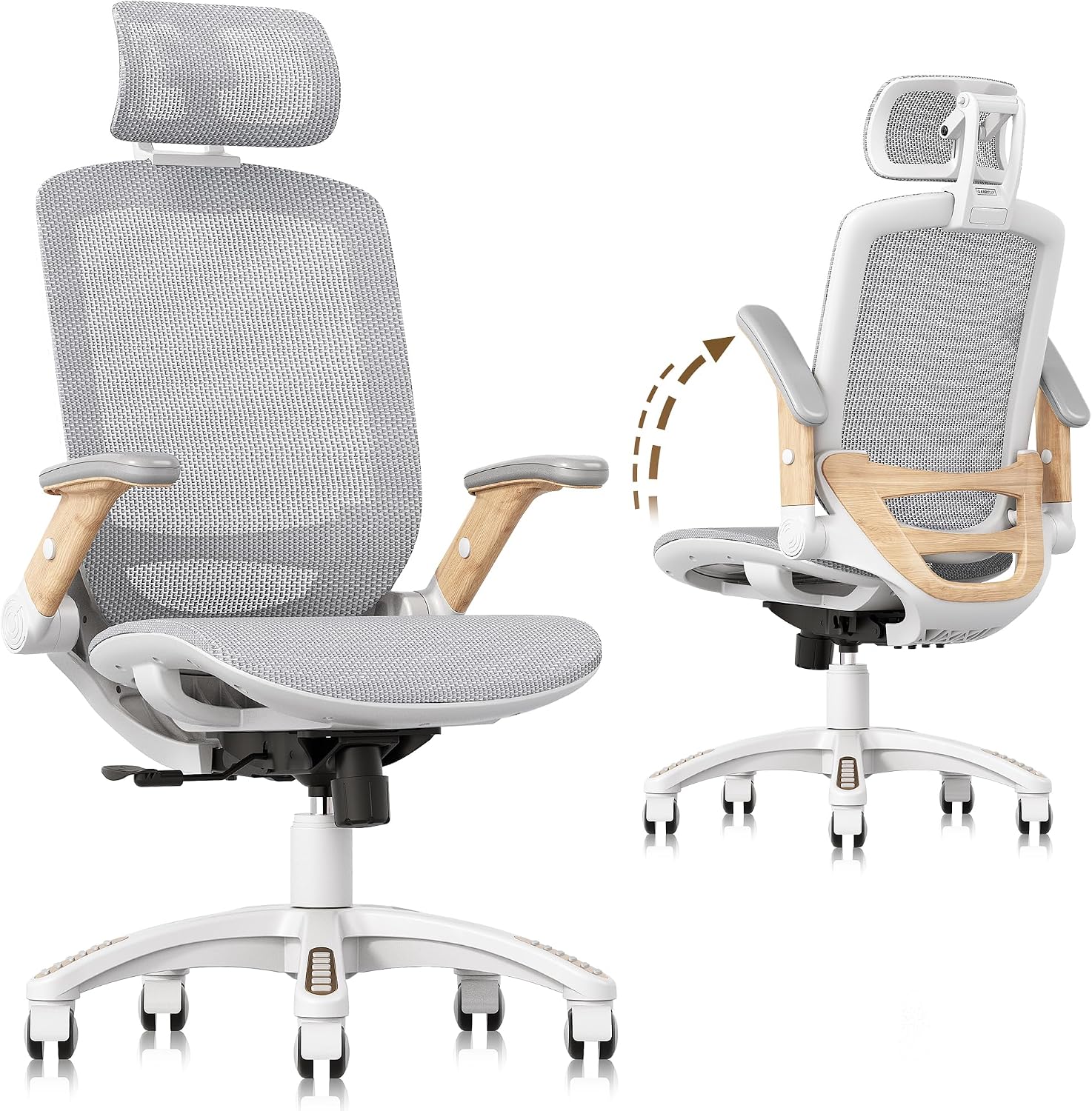 GABRYLLY Ergonomic Office Chair, High Back Home Desk Chair with Flip-Up Arms, Headrest, 90-120° Tilt and Wide Cushion, 300LBS White Mesh Chair for Work Gaming Study (GY01-NT, Woodgrain Pattern)