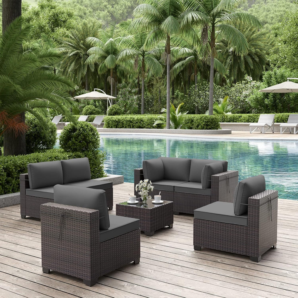 ALAULM Patio Furniture Set with Coffee Table, 7 Pieces Outdoor Sectional with Wide Seat and Thick Cushion, All Weather Wicker Rattan Conversation Set for Backyard, Garden, Deck, Grey
