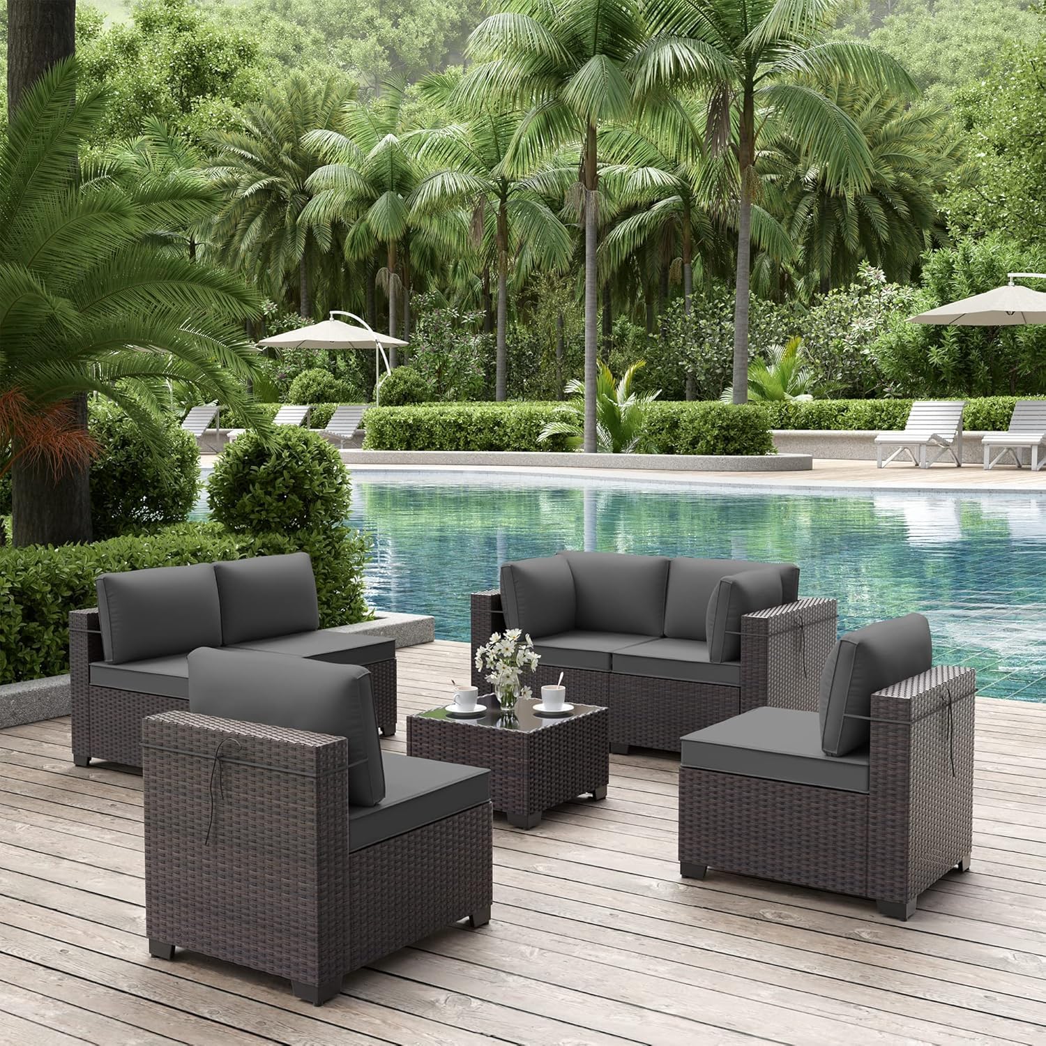 ALAULM Patio Furniture Set with Coffee Table, 7 Pieces Outdoor Sectional with Wide Seat and Thick Cushion, All Weather Wicker Rattan Conversation Set for Backyard, Garden, Deck, Grey