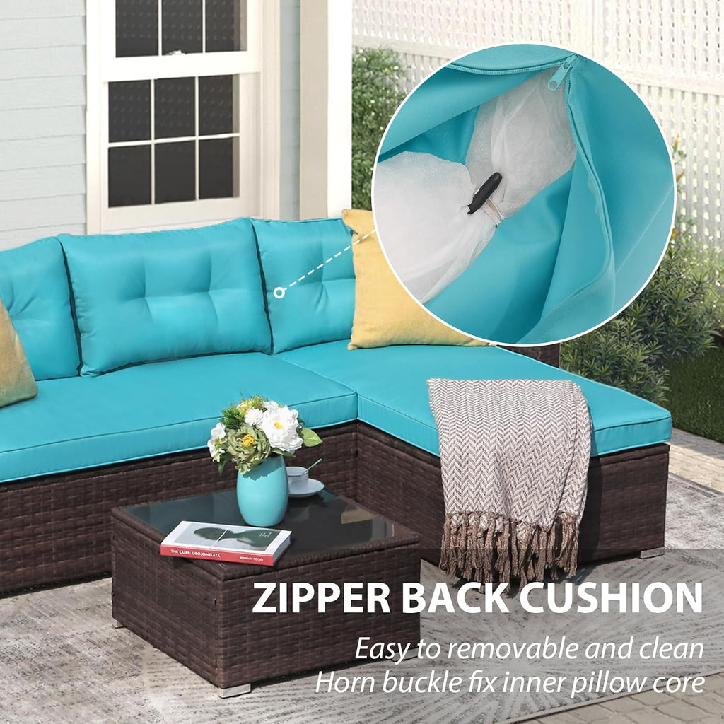 JOIVI Outdoor Patio Furniture Set, All Weather Outdoor Sectional Conversation Set, Wicker Furniture Sofa Set, Outdoor Patio Seating with Cushions, Tempered Glass Coffee Table, L-Shaped, Turquoise
