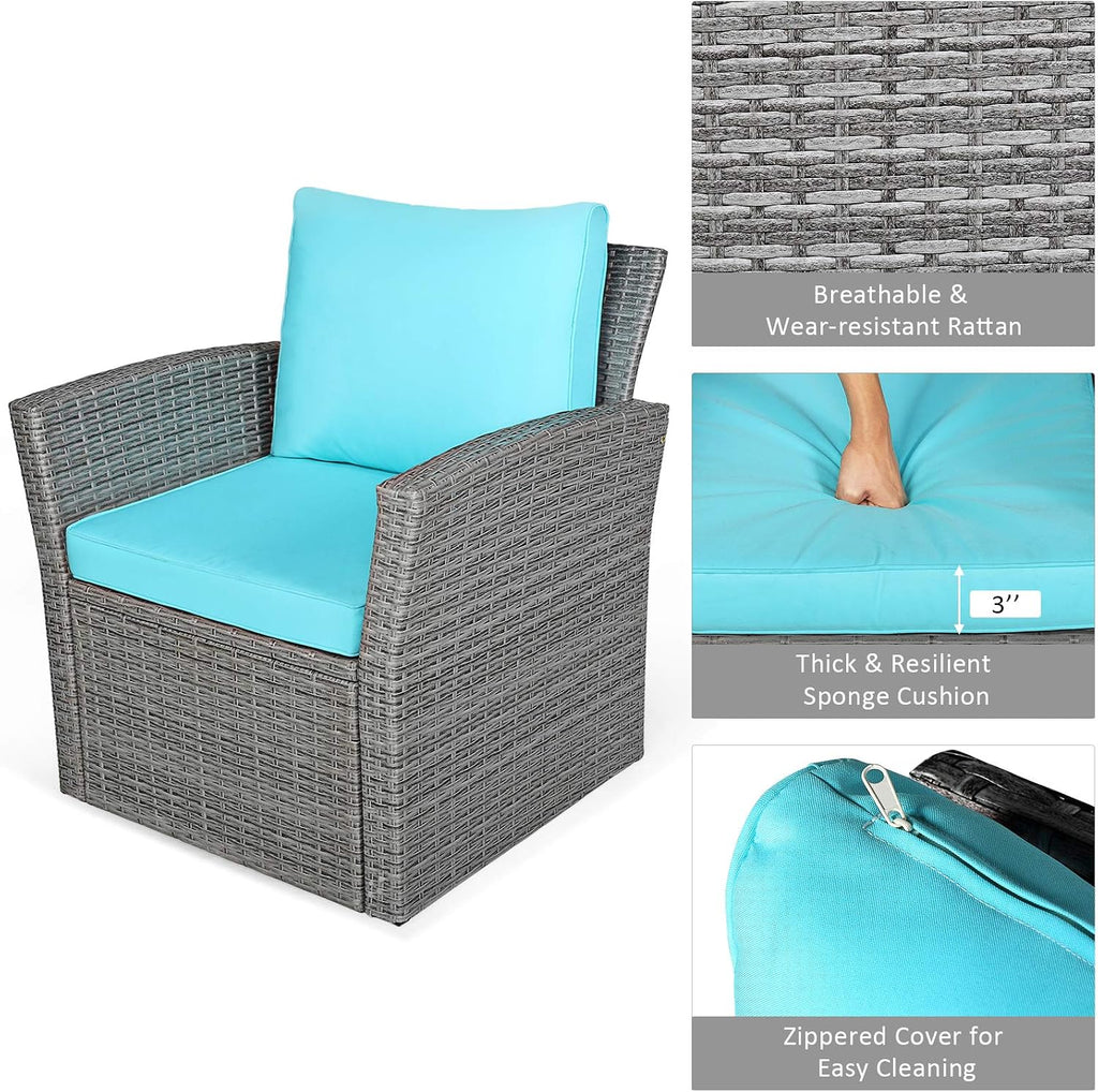 COSTWAY 4 Pieces Patio Rattan Furniture Set, Outdoor Wicker Sofa Set with Tempered Glass Coffee Table, Cushions, All Weather Rattan Conversation Set for Yard Balcony Backyard Pool (Turquoise)