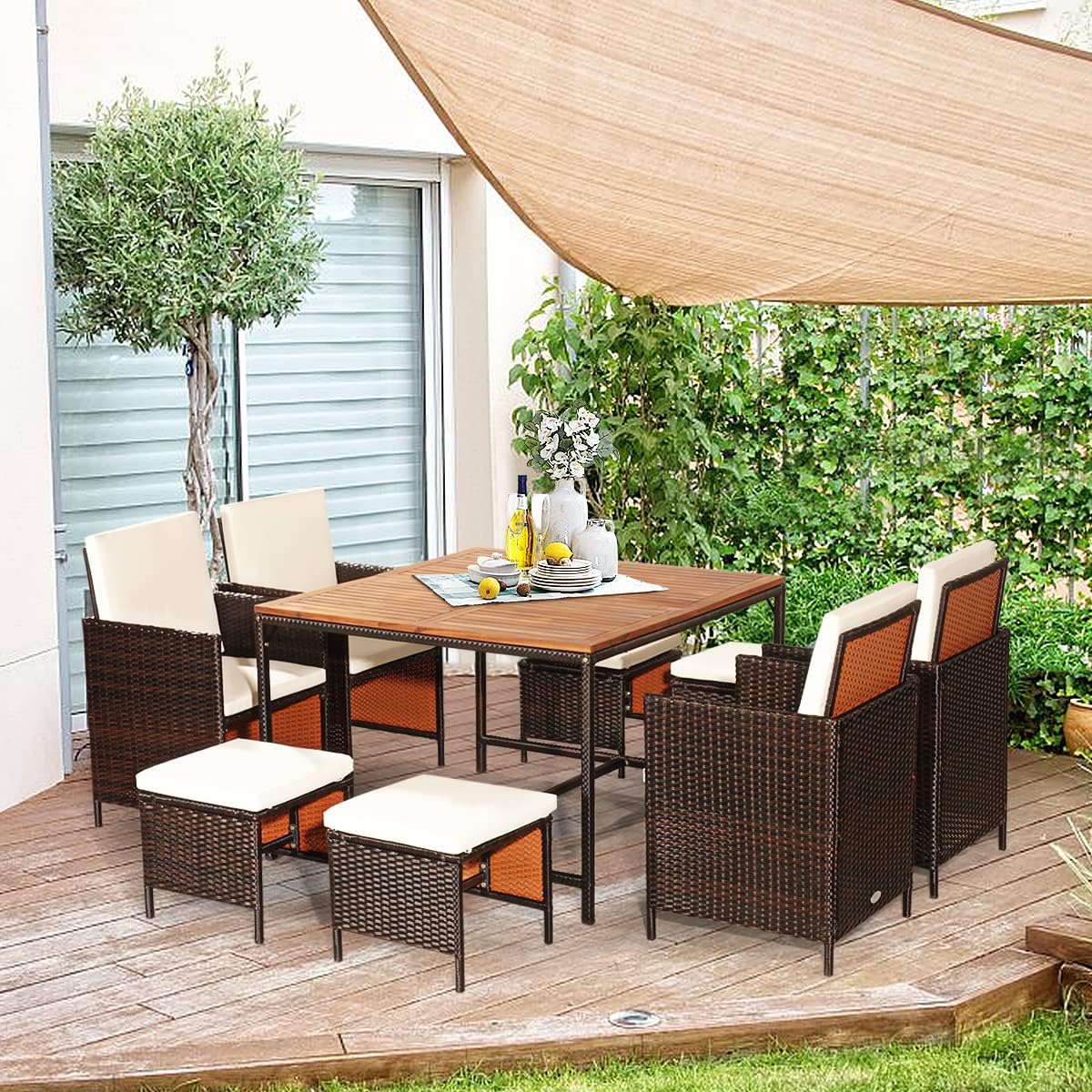 Tangkula 9 Pieces Patio Acacia Wood Table and Chairs Set with Umbrella Hole, Outdoor Space Saving Outdoor Dining Set,for Garden,Yard,Poolside