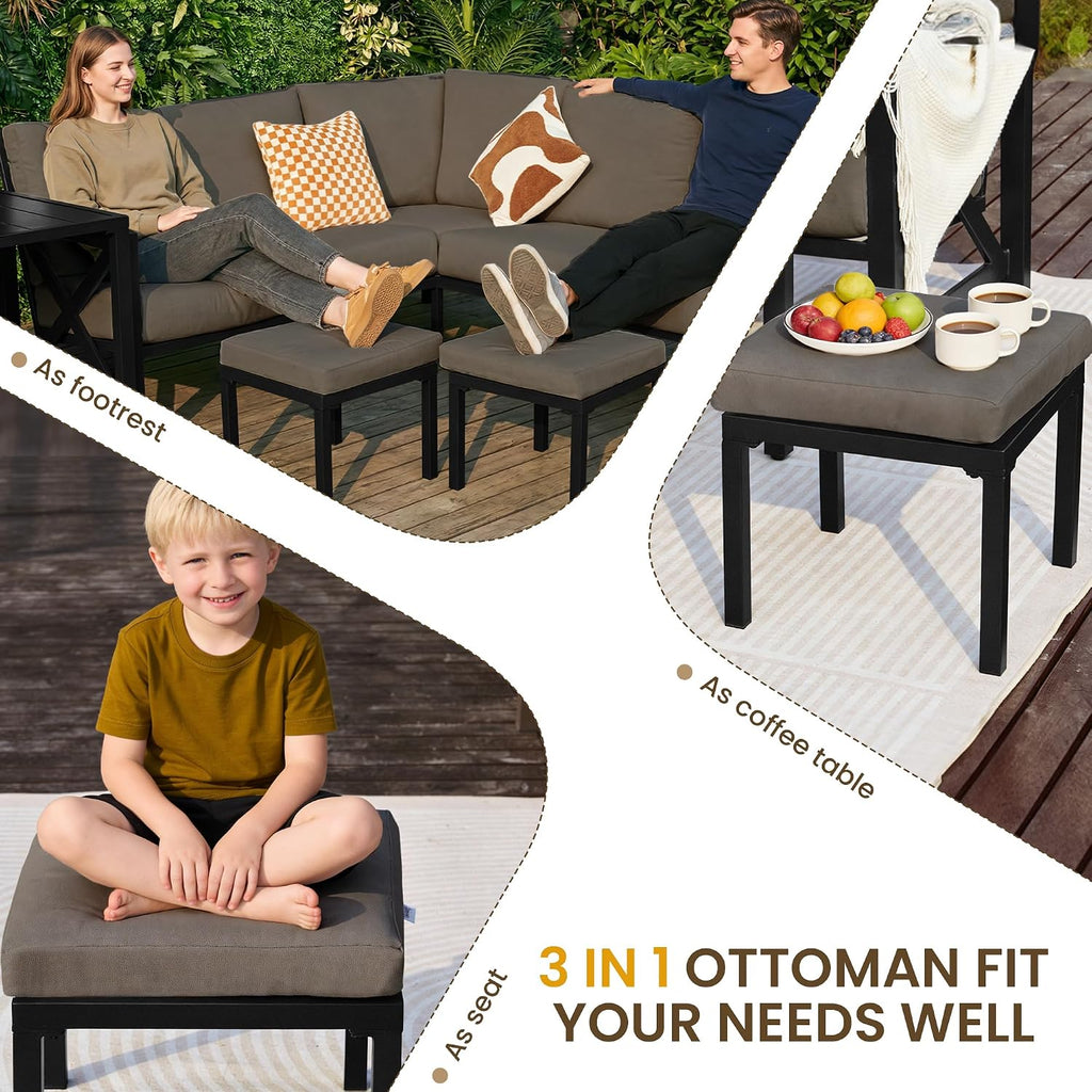 NATURAL EXPRESSIONS 8 Pieces Patio Furniture Sets,Metal Outdoor Sectional Couch L Shape Conversation Set,Highback Patio Sofa Set with Dining Table,2 Ottomans,Large Waterproof Cover, 6.5' Cushion Shale