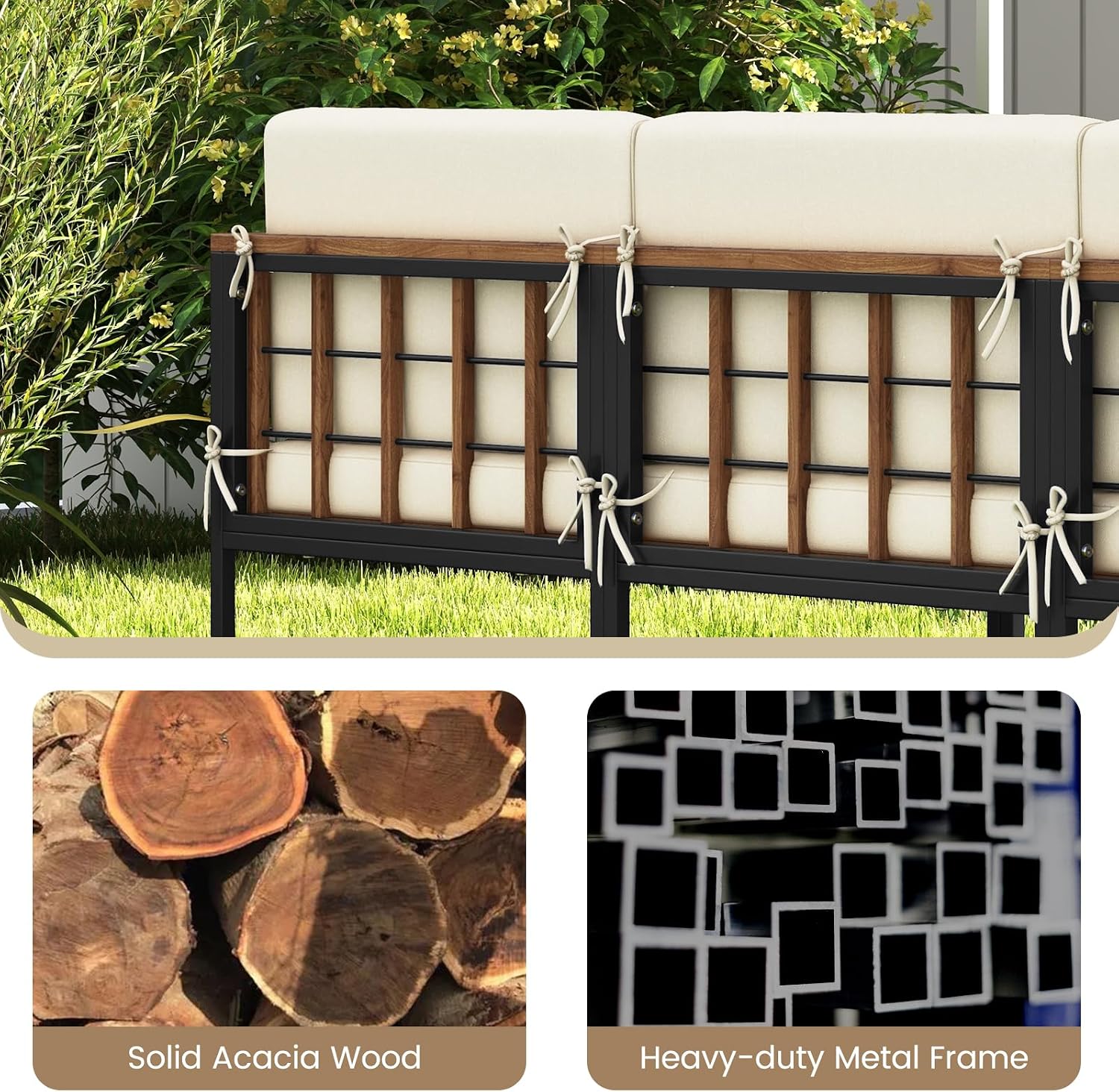 Tangkula 6 Pieces Acacia Wood Patio Furniture Set, Outdoor Sectional Conversation Sofa Set with Cushions, Coffee Table and Ottomans, Metal Frame Patio Sofas for Garden, Poolside, Backyard, Beige