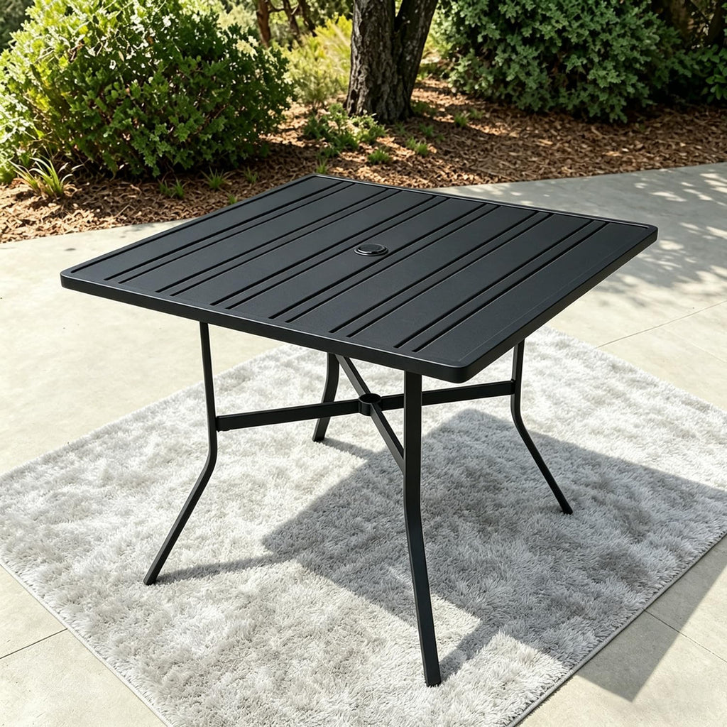 Outdoor Patio Furniture Set 5 Piece with 4 Stackable Black Rattan Chairs and Black Outdoor Metal Dining Table with Umbrella Hole