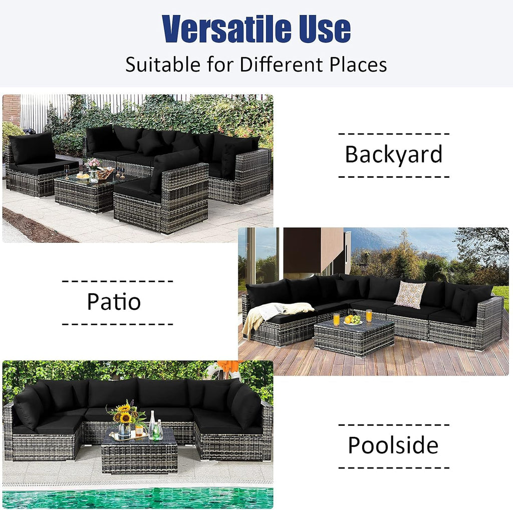 Tangkula 7 Pieces Patio Rattan Furniture Set, Patiojoy Outdoor Conversation Set with Cushions and Tempered Glass Coffee Table, All-Weather Sectional Sofa Set for Garden, Lawn, Backyard (Black)