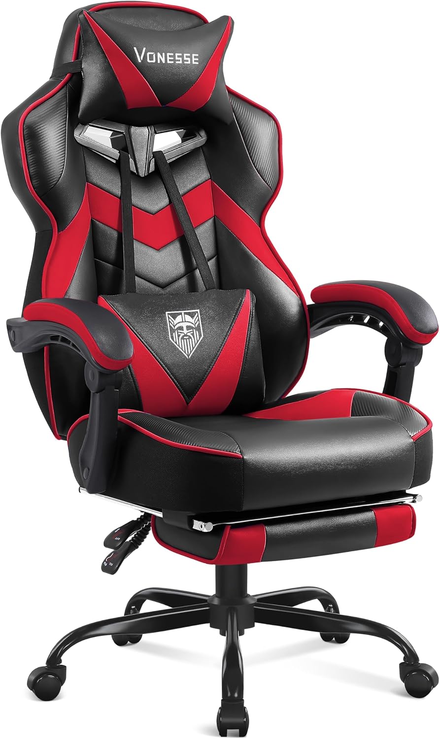Vonesse Gaming Chair, High Back Gaming Chair with Footrest and Massage, Gaming Chairs for Adults with Pocket Spring Cushion, Big and Tall Reclining Computer Chair with Lumbar Support (Red/Black)