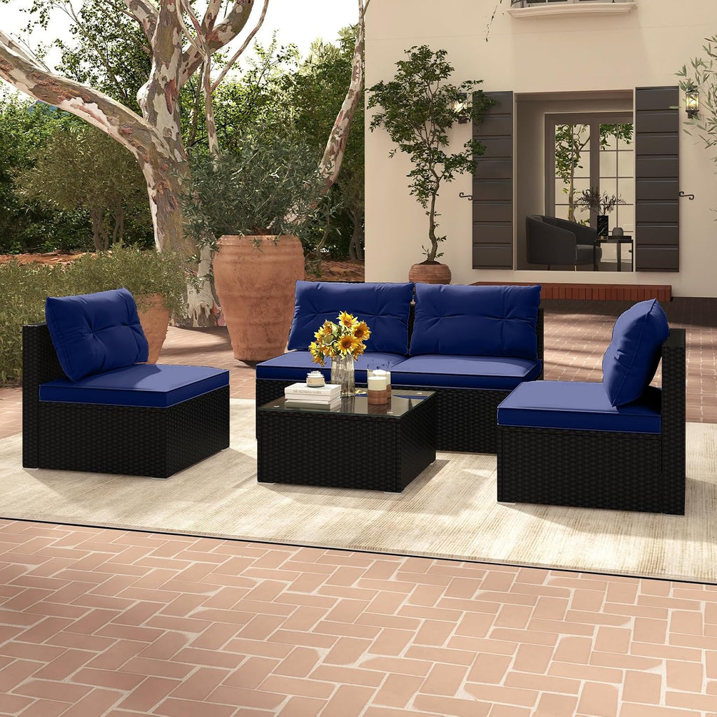 RELAX4LIFE 5-Piece Outdoor Patio Furniture Set, Rattan Sectional Sofa Set w/Glass-Top Coffee Table, Soft Seat & Back Cushions, Bistro Set for Garden Backyard Porch, Wicker Conversation Set (Navy)