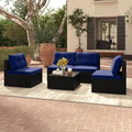 RELAX4LIFE 5-Piece Outdoor Patio Furniture Set, Rattan Sectional Sofa Set w/Glass-Top Coffee Table, Soft Seat & Back Cushions, Bistro Set for Garden Backyard Porch, Wicker Conversation Set (Navy)