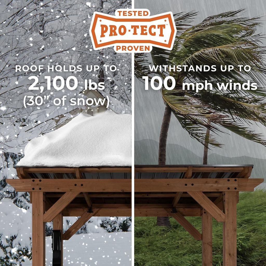 Backyard Discovery Saxony 8' x 5' Cedar Wood BBQ Grill Gazebo Pavilion with Hardtop Galvanized Steel Roof, Bar Tops, Powerport, Snow Support, Wind Resistance, Cook Station for Outdoor Patio or Deck