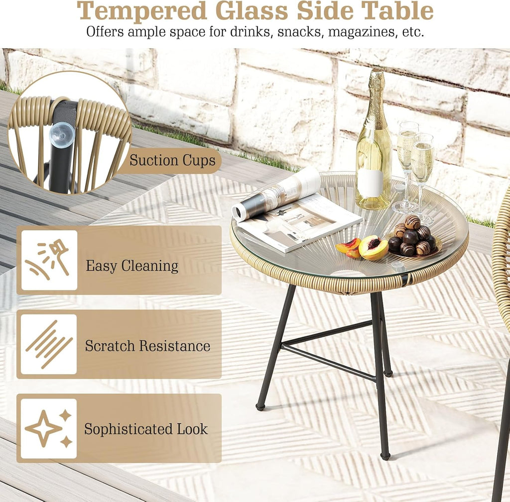 Tangkula 3 Piece Outdoor Patio Furniture Set, Acapulco Chair Set w/Plastic Rope, Tempered Glass Table, All Weather Patio Bistro Set for Patio, Lawn, Garden, Backyard (Brown)