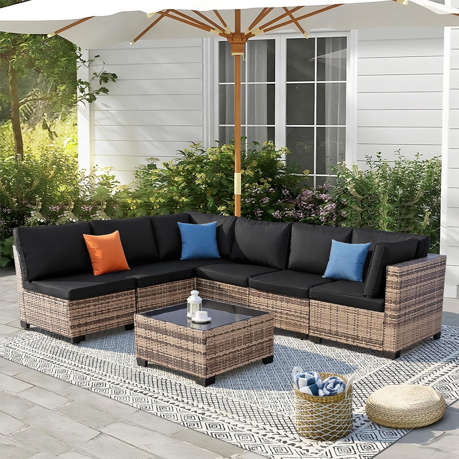 FHFO 7 Piece Outdoor Wicker Patio Furniture Set, Rattan Sectional Sofa Couch, Patio Conversation Set with Cushion & Coffee Table, for Backyard Poolside Porch Garden, Yellow-Black