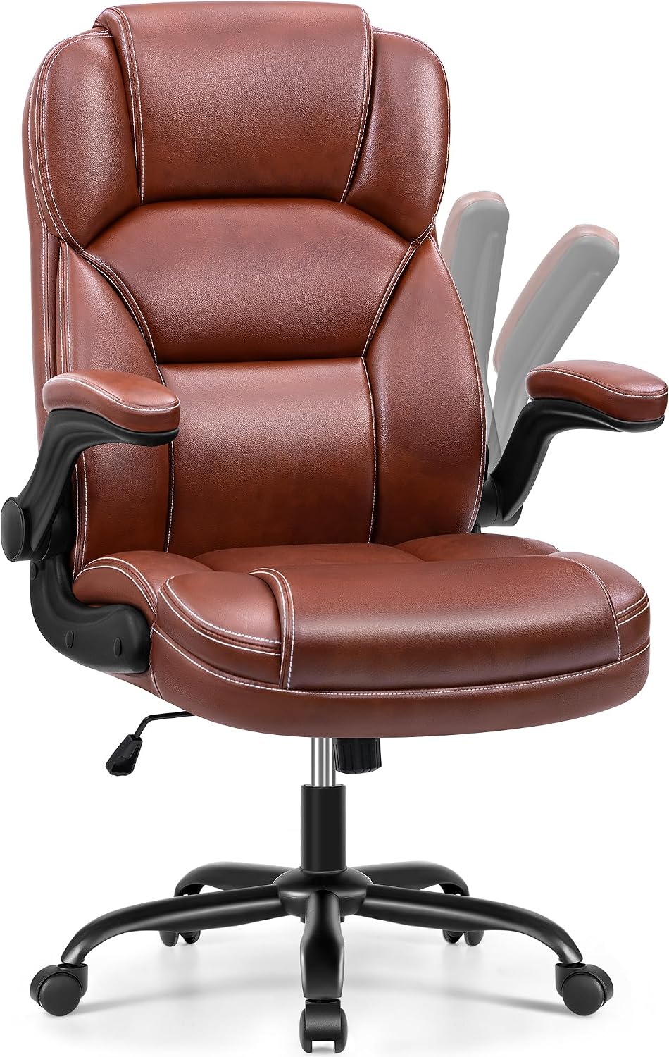 PU Leather Executive Office Chair, Ergonomic High-Back Computer & Gaming Chair with Adjustable Height, Rolling Swivel & Flip-Up Armrests, Comfy Padded Seat for Home Office-Brown