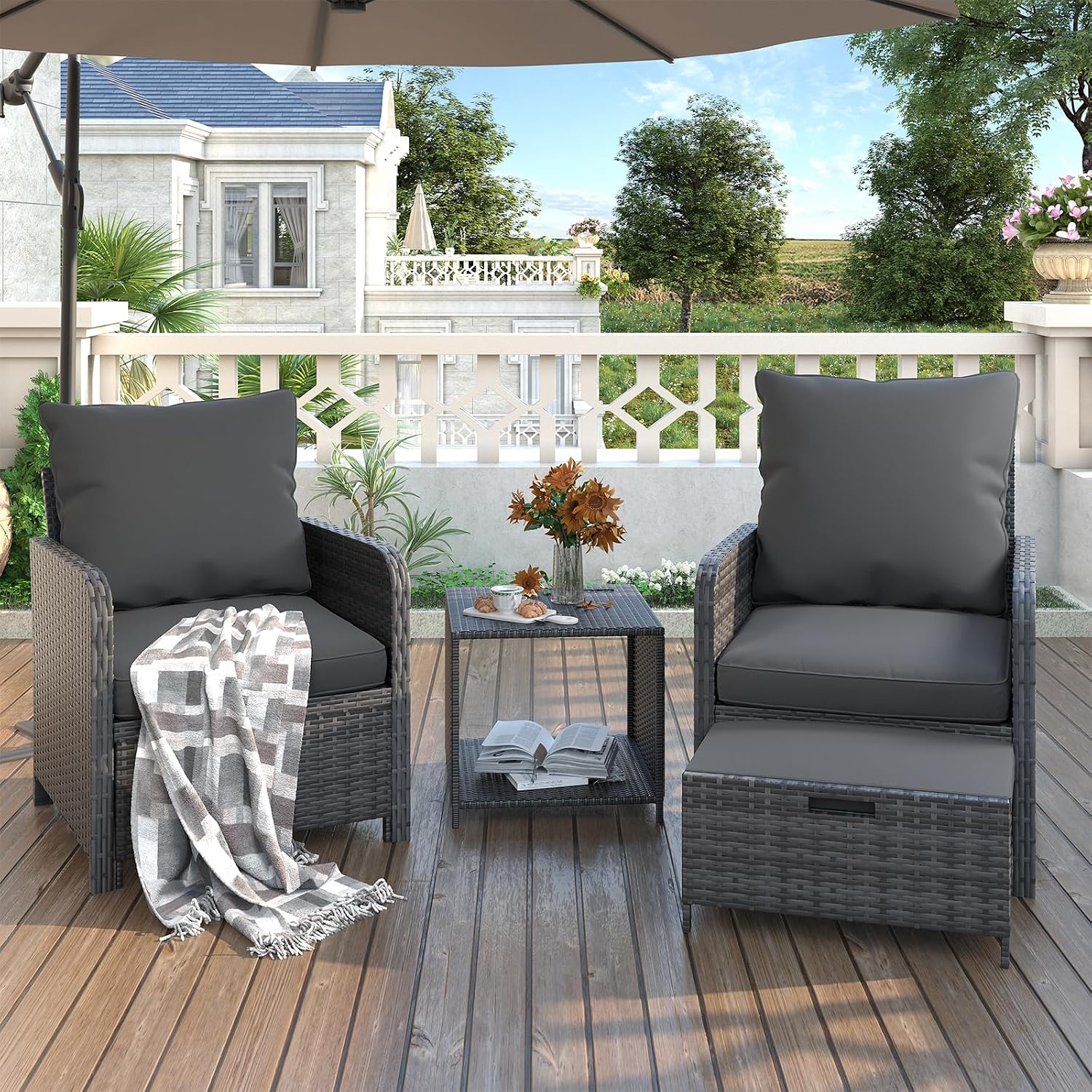 UDPATIO Wicker Patio Chairs with Ottoman Balcony Furniture 5 Pieces Patio Conversation Set with Pull Out Ottoman for Small Space