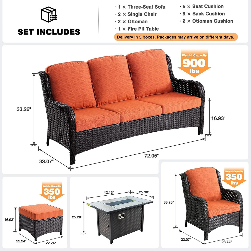 ovios 6-Pieces Patio Furniture Set with 42' Fire Pit Table, Outdoor Wicker Sofa Couch Ottomans Comfy Cushions, High Back Modern Conversation Set, Brown Rattan, Orange Red