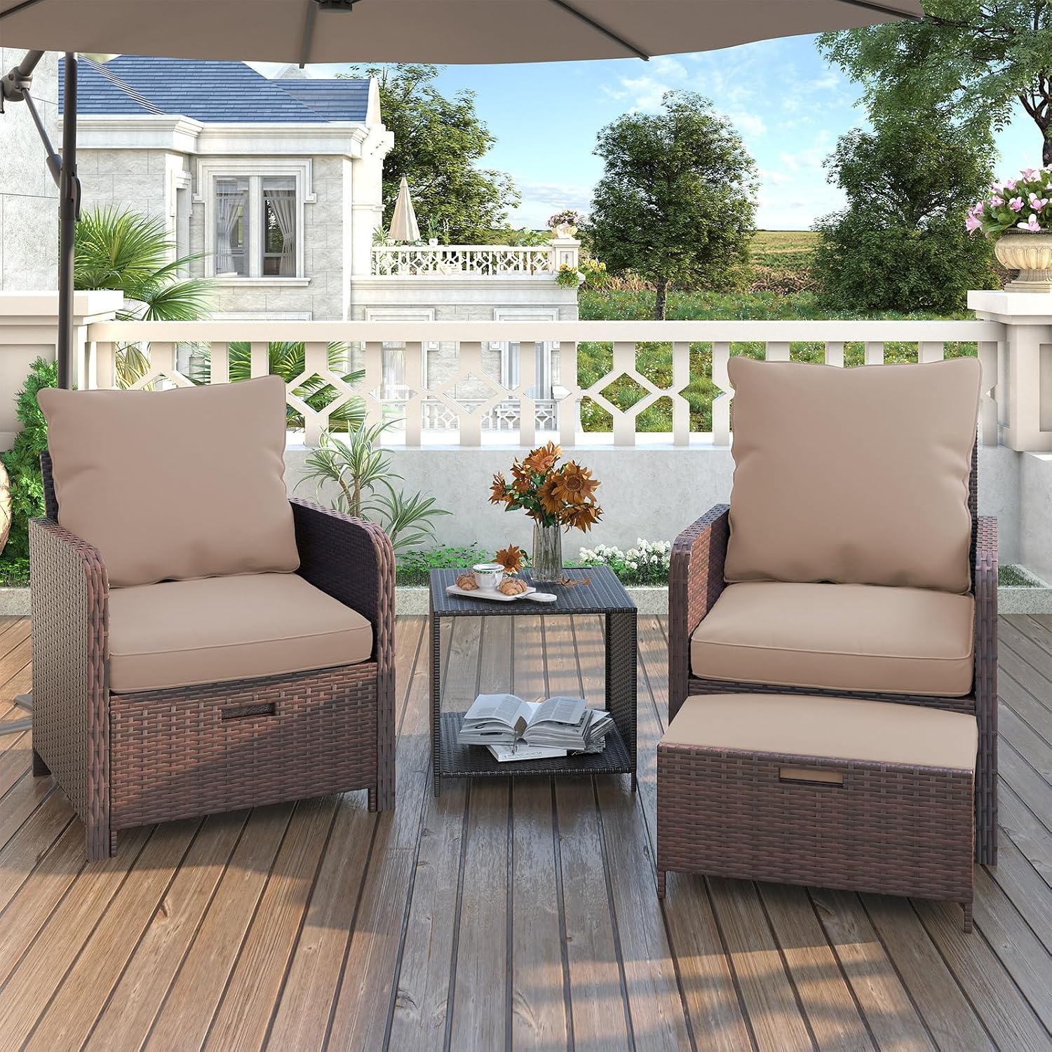 UDPATIO Balcony Furniture Outdoor Patio Chair with Ottoman for Small Space, 5 Piece Wicker Patio Furniture Set with Side Table, Khaki