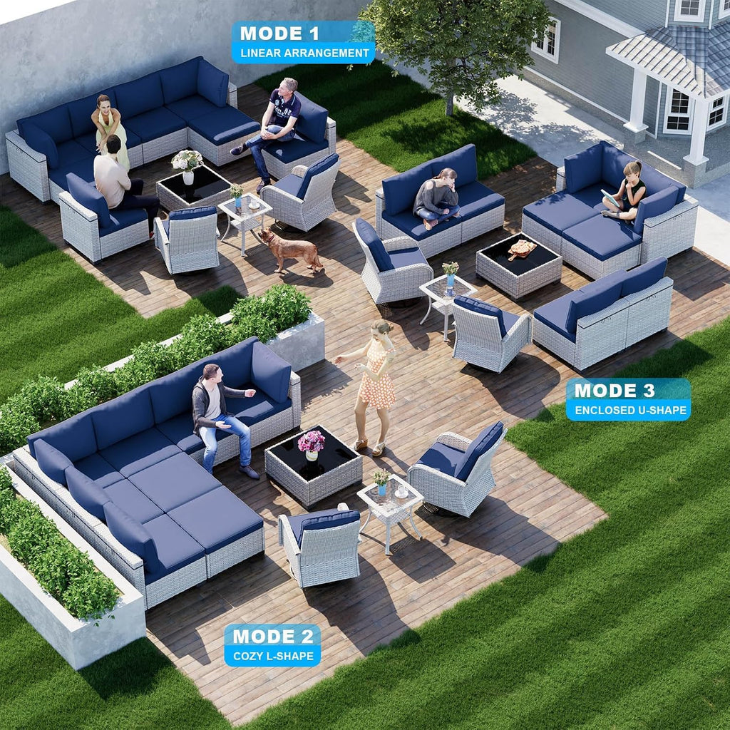 12-Piece Patio Furniture Set, Outdoor Patio Furniture with Swivel Chairs Set, Ottomans, Modular Patio Sofa, Dual-Strand Wicker Rattan, Rust-Resistant Frame, Navy Blue