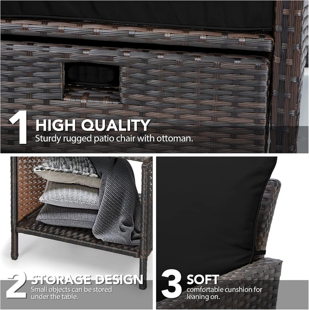 LEVELEVE Balcony Furniture 5 Piece Patio Conversation Set, PE Wicker Rattan Outdoor Lounge Chairs with Soft Cushions 2 Ottoman&Glass Table for Porch, Lawn-Brown Wicker（Black