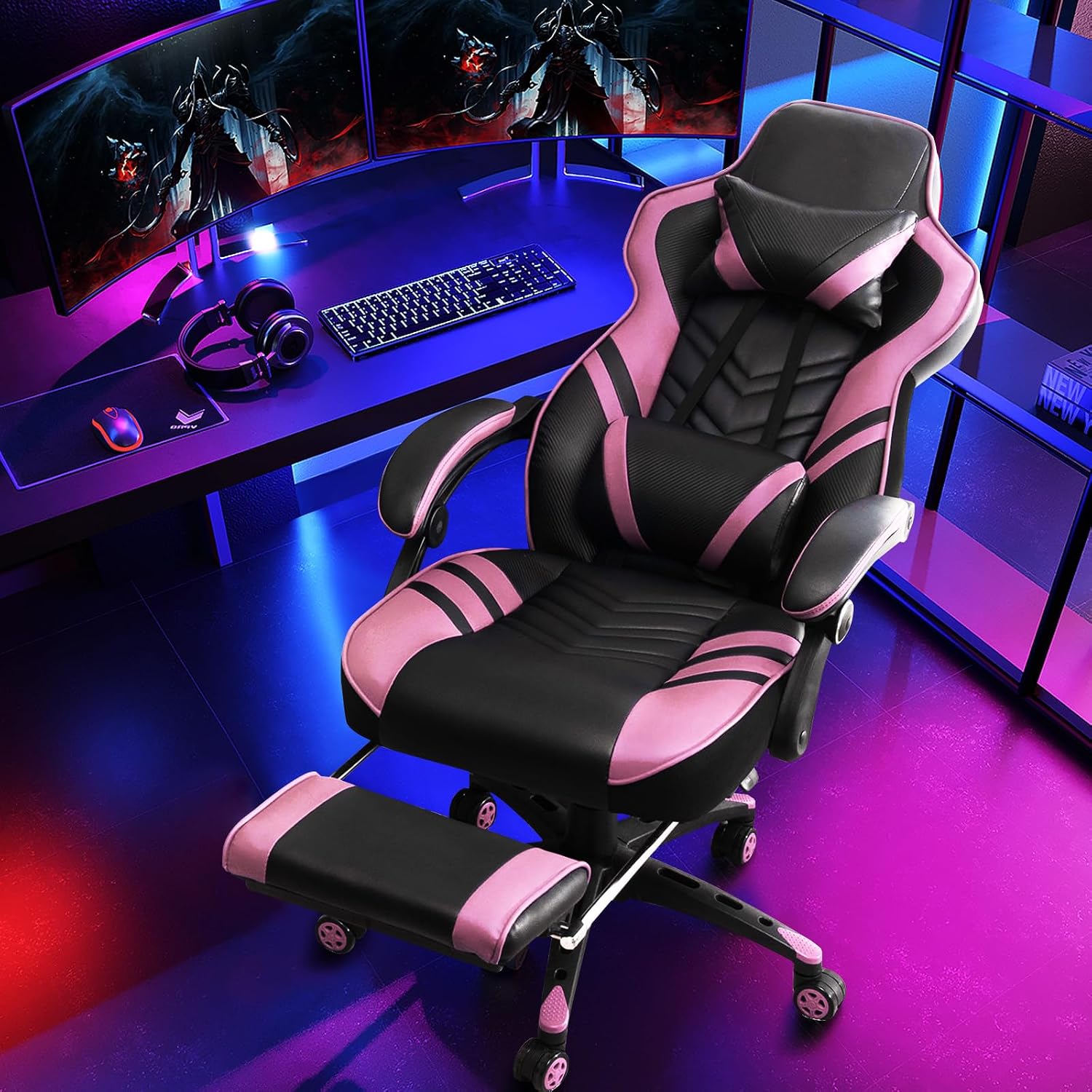 Goplus Gaming Chair, Computer Chair with Footrest and Lumbar Support, Height Adjustable Executive Swivel Rolling Task Chair with 90°-155° Tilt Function (Pink)