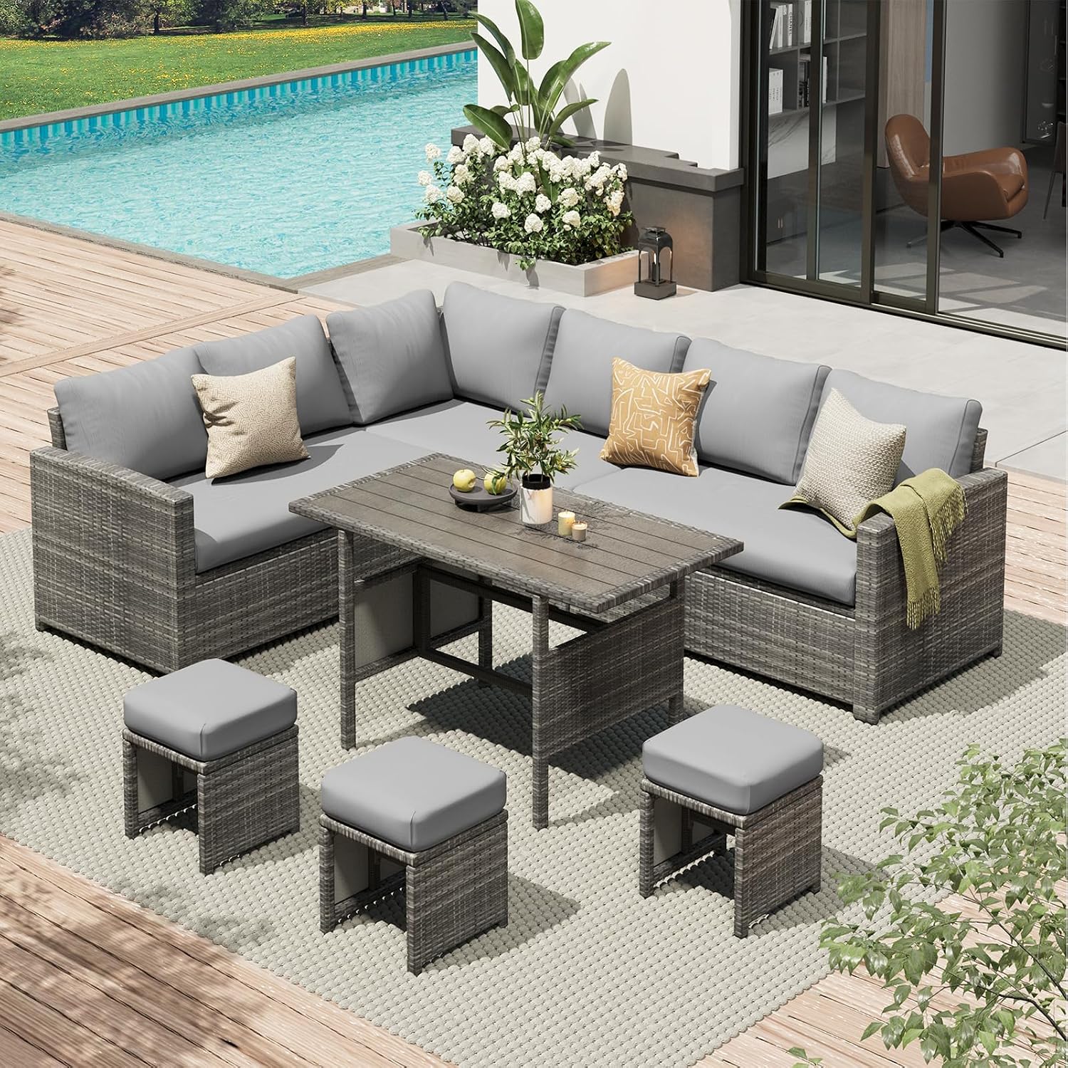 AECOJOY Outdoor Patio Furniture Set with Waterproof Cover, 7 Pieces Clearance Sectional Rattan Dining Table&Chairs, All Weather Wicker Conversation Sofa Couch, Grey Cushions&Grey Rattan