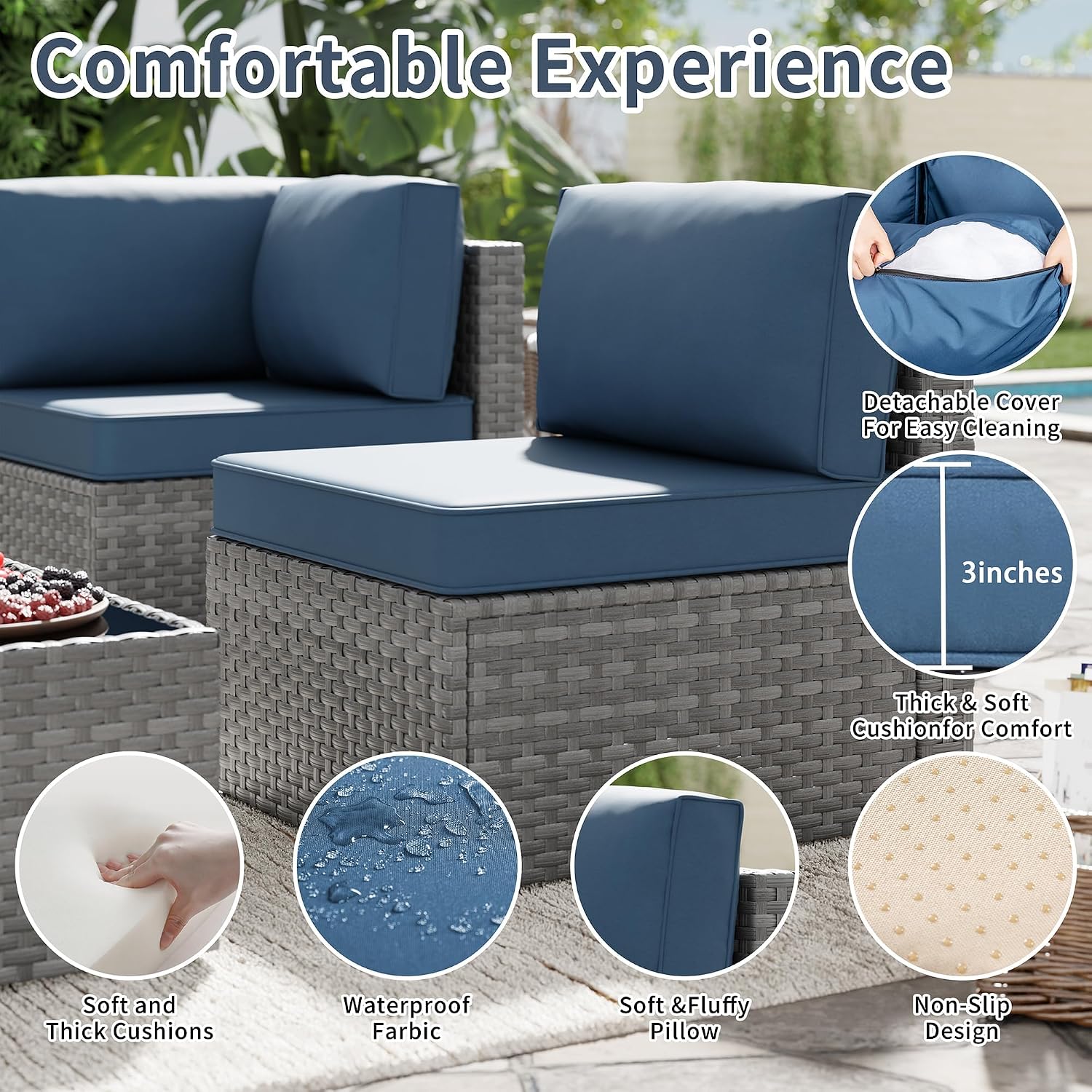 SUNLEI 5 Piece Patio Furniture Sets, Low Back All-Weather Rattan Sectional Sofa with Tea Table&Washable Couch Cushions, Patio Furniture Sets, Silver Rattan