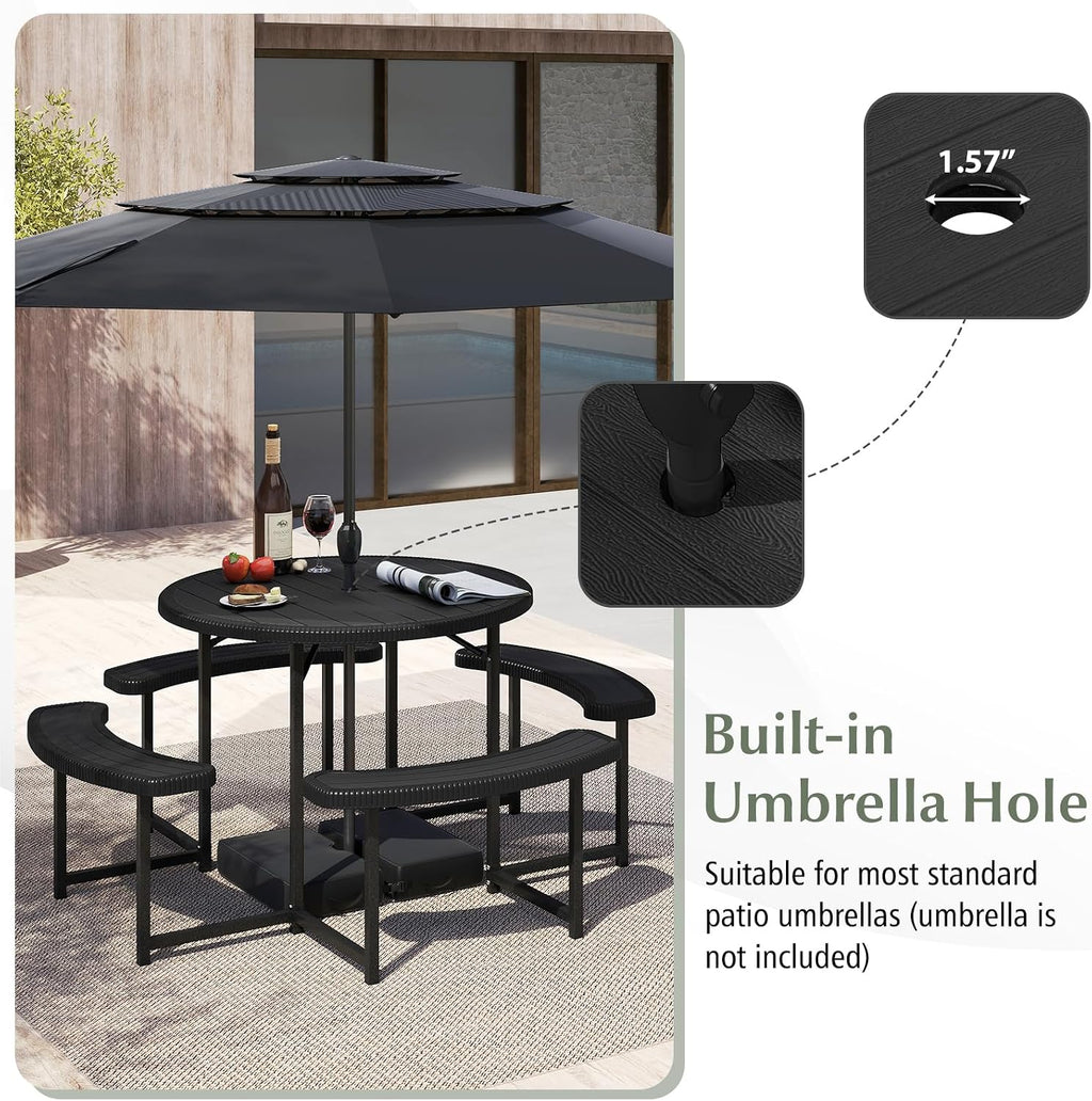 Giantex Picnic Table Bench Set for 4-8 Person, Round 37' Outdoor Dining Table w/Umbrella Hole, HDPE Tabletop, Metal Frame, Patio Furniture Set for Backyard Porch Lawn, 1400lb Capacity (Black,Round)