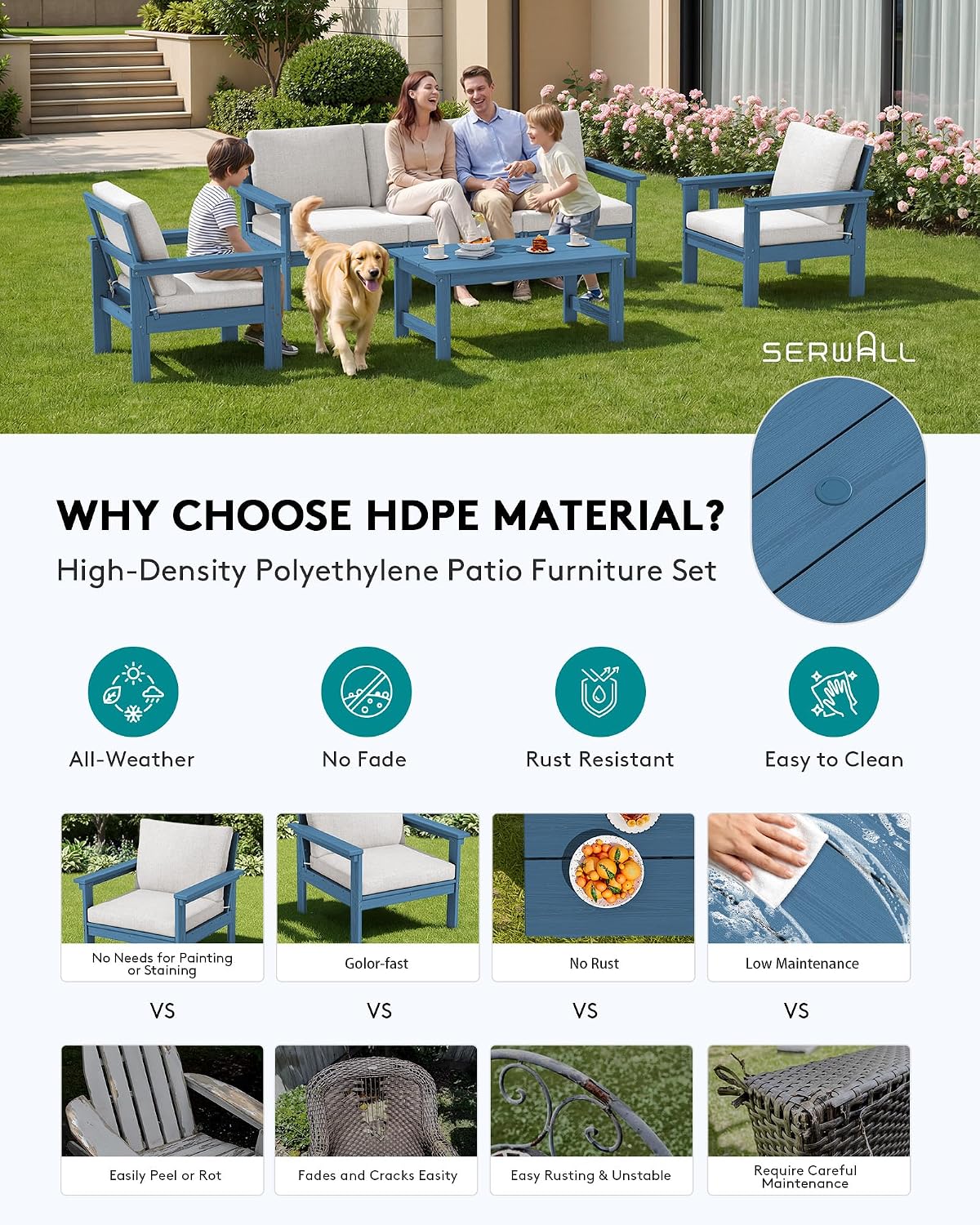 SERWALL HDPE Patio Conversation Set, 6-piece Sectional Outdoor Furniture Set, All Weather Outdoor Couch Set Patio Furniture Set for Deck, Lawn, Blue Frame with Beige Cushion