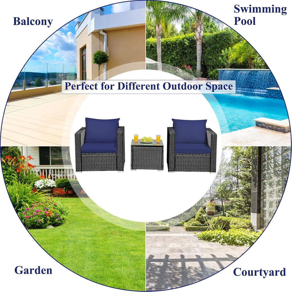 COSTWAY 3-Piece Outdoor Patio Furniture Set, Cushioned Armchairs and Tempered Glass Coffee Table, Wicker Rattan Sofa Set for Garden, Balcony, Backyard (Navy)