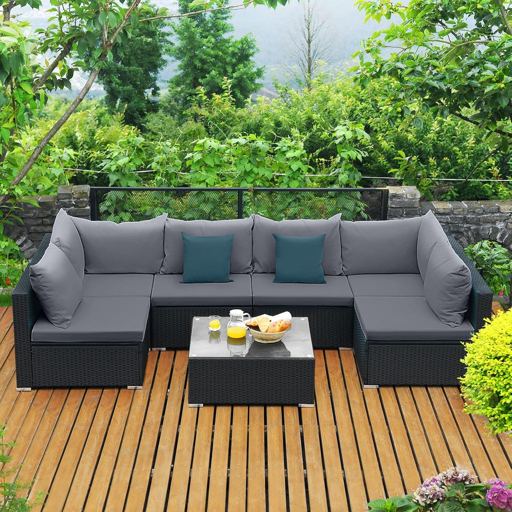 Tangkula 7-Piece Patio Furniture Set, Outdoor Sectional Sofa with Pillows and Cushions, Wicker Conversation Set with Coffee Table and Tea Table for Garden, Lawn (Grey)